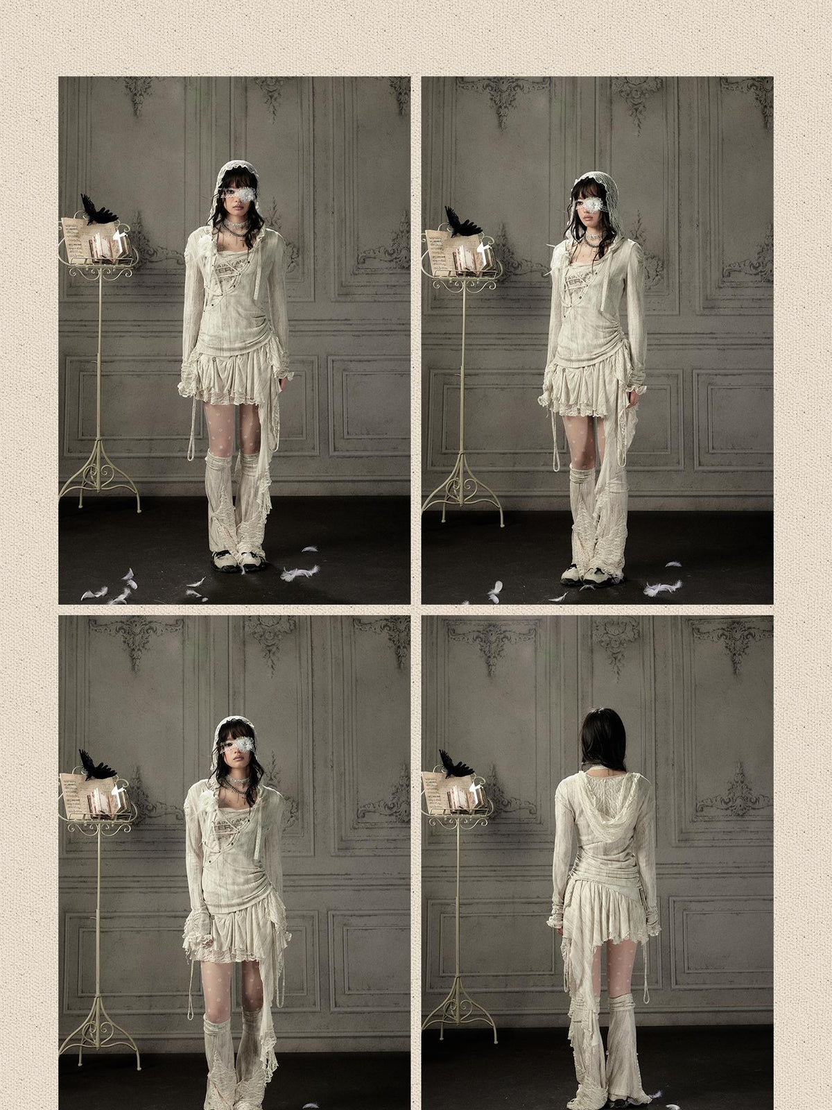 ALL iN plan Beige Lace Spliced Tie Front Women&