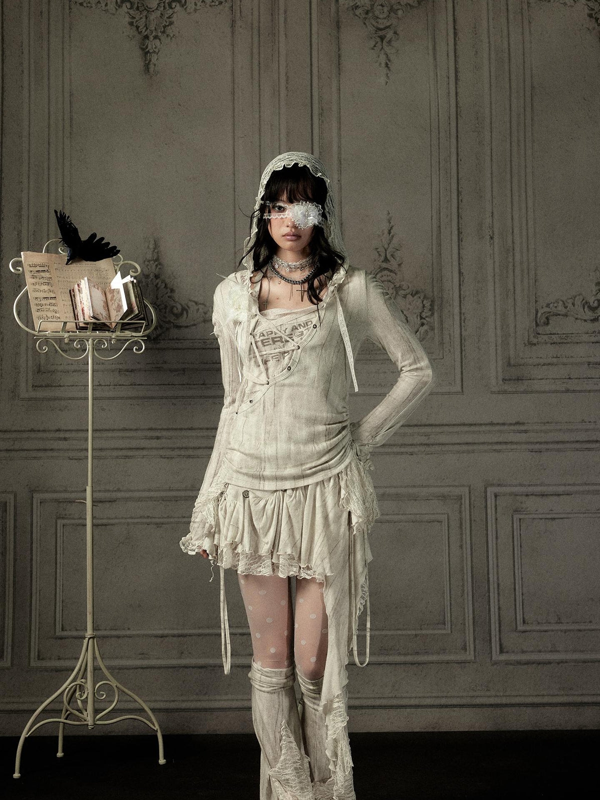ALL iN plan Beige Lace Spliced Tie Front Women&