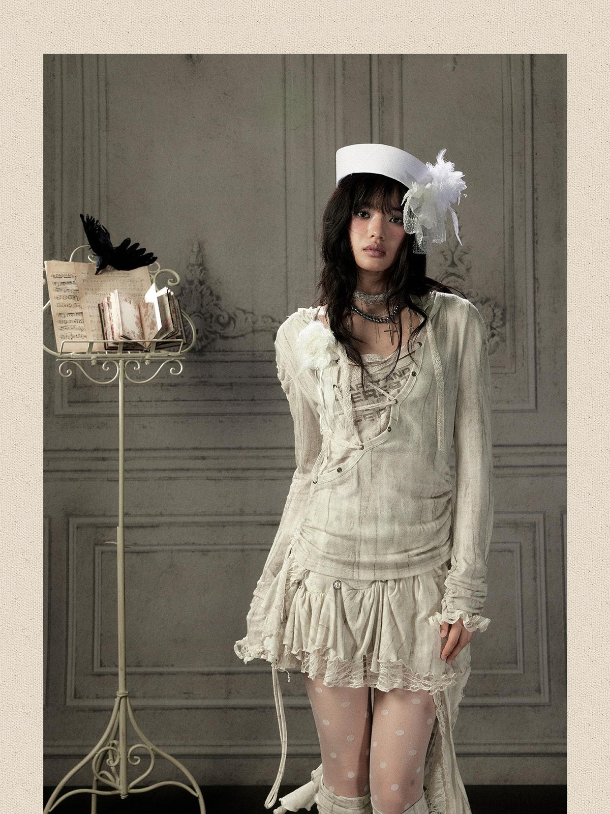 ALL iN plan Beige Lace Spliced Tie Front Women&
