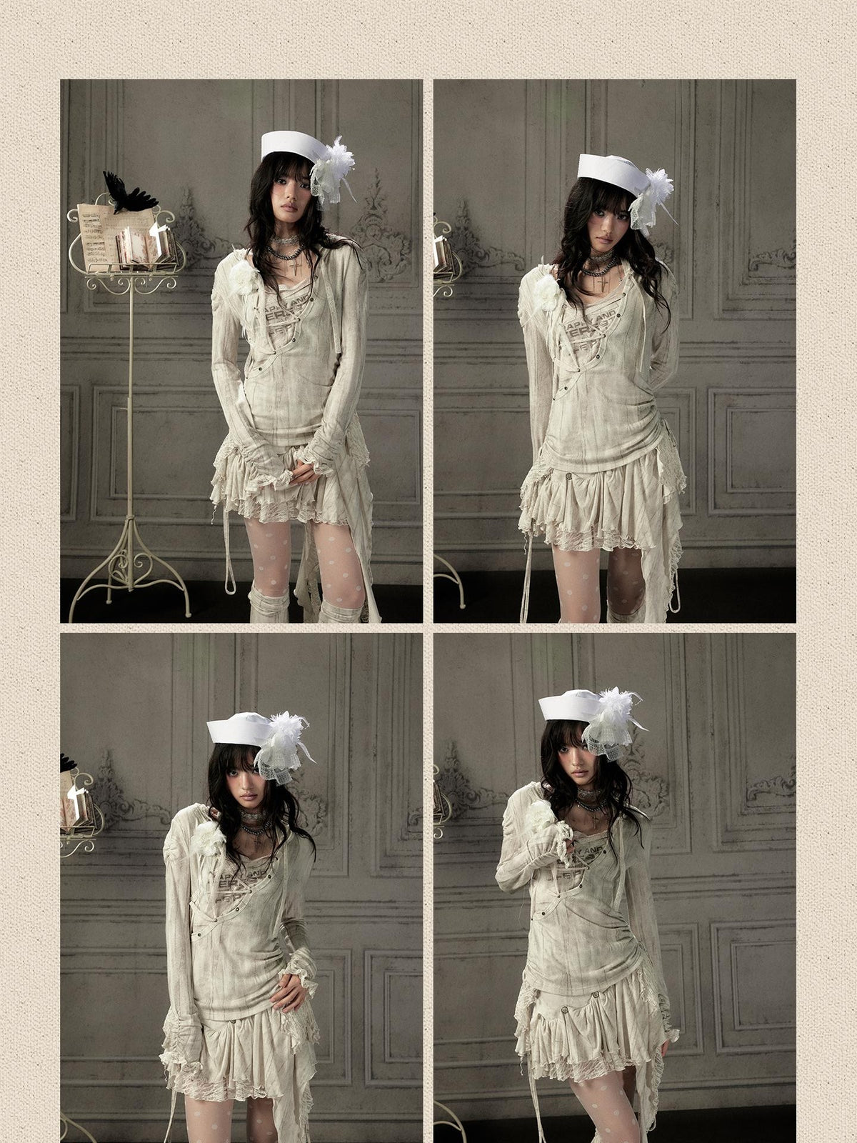 ALL iN plan Beige Lace Spliced Tie Front Women&