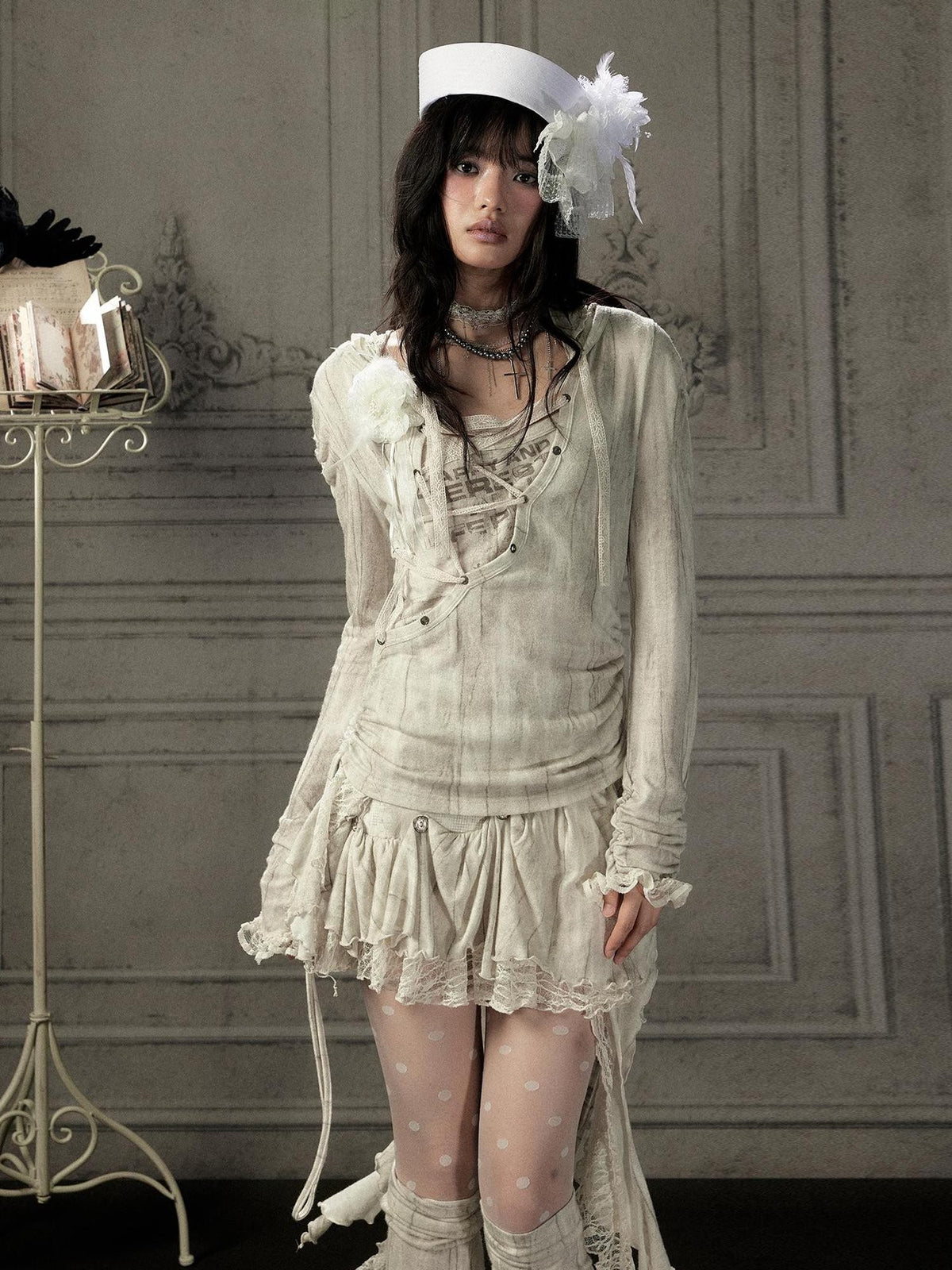 ALL iN plan Beige Lace Spliced Tie Front Women&