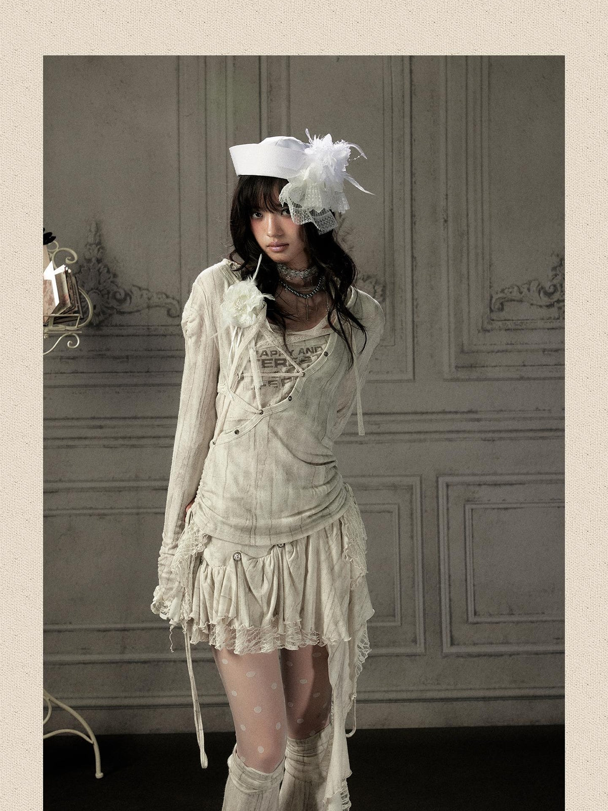 ALL iN plan Beige Lace Spliced Tie Front Women&