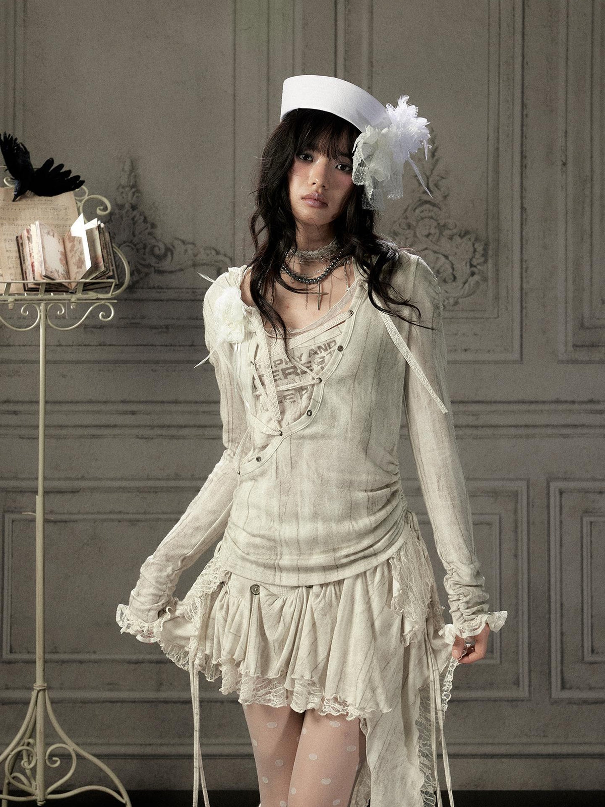 ALL iN plan Beige Lace Spliced Tie Front Women&