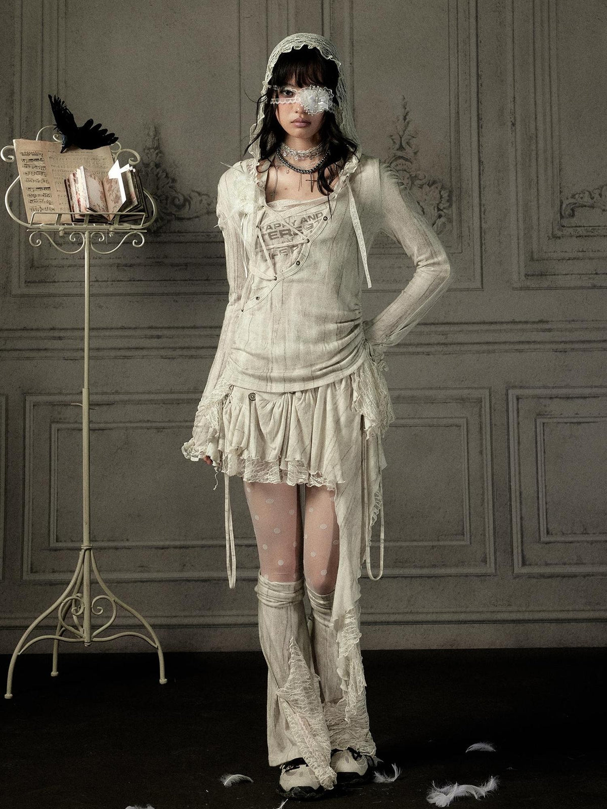 ALL iN plan Beige Lace Spliced Tie Front Women&