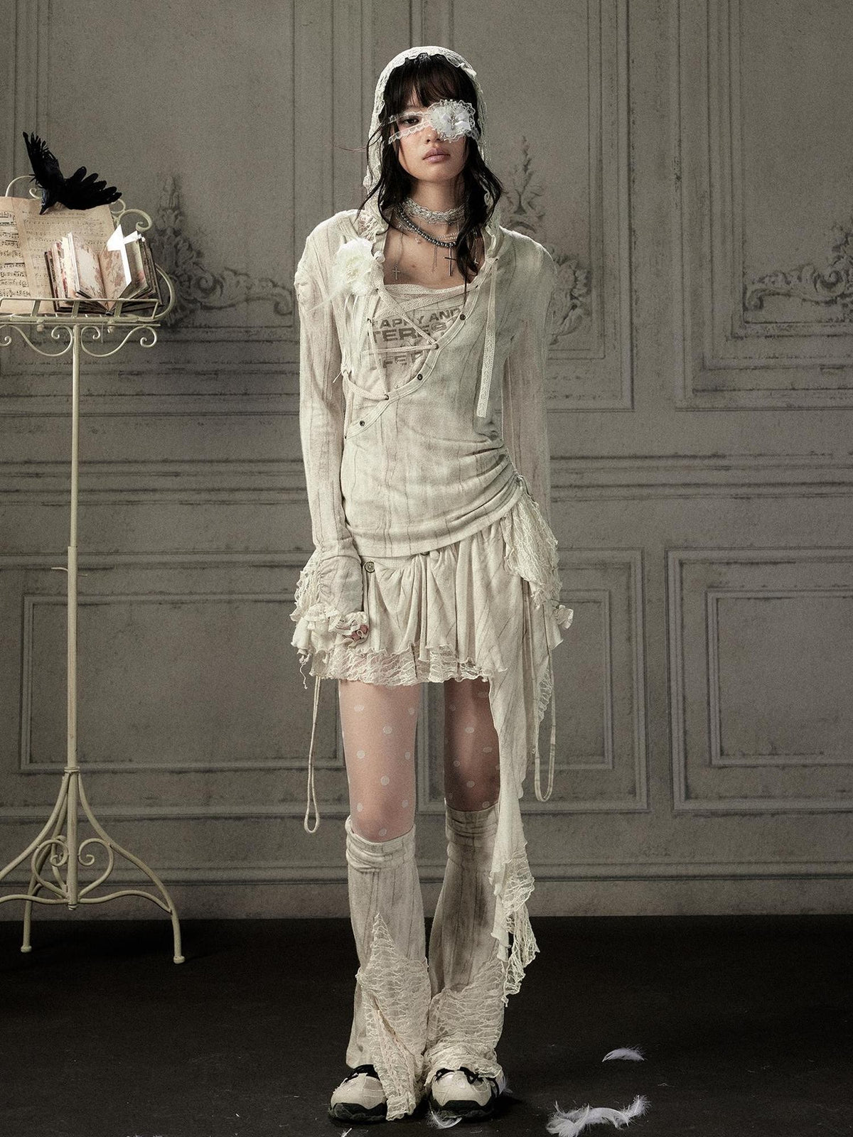 ALL iN plan Beige Lace Spliced Tie Front Women&