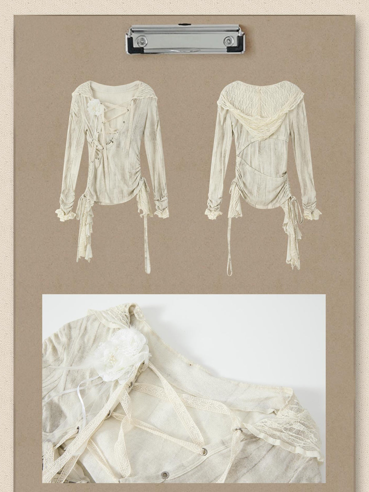 ALL iN plan Beige Lace Spliced Tie Front Women&