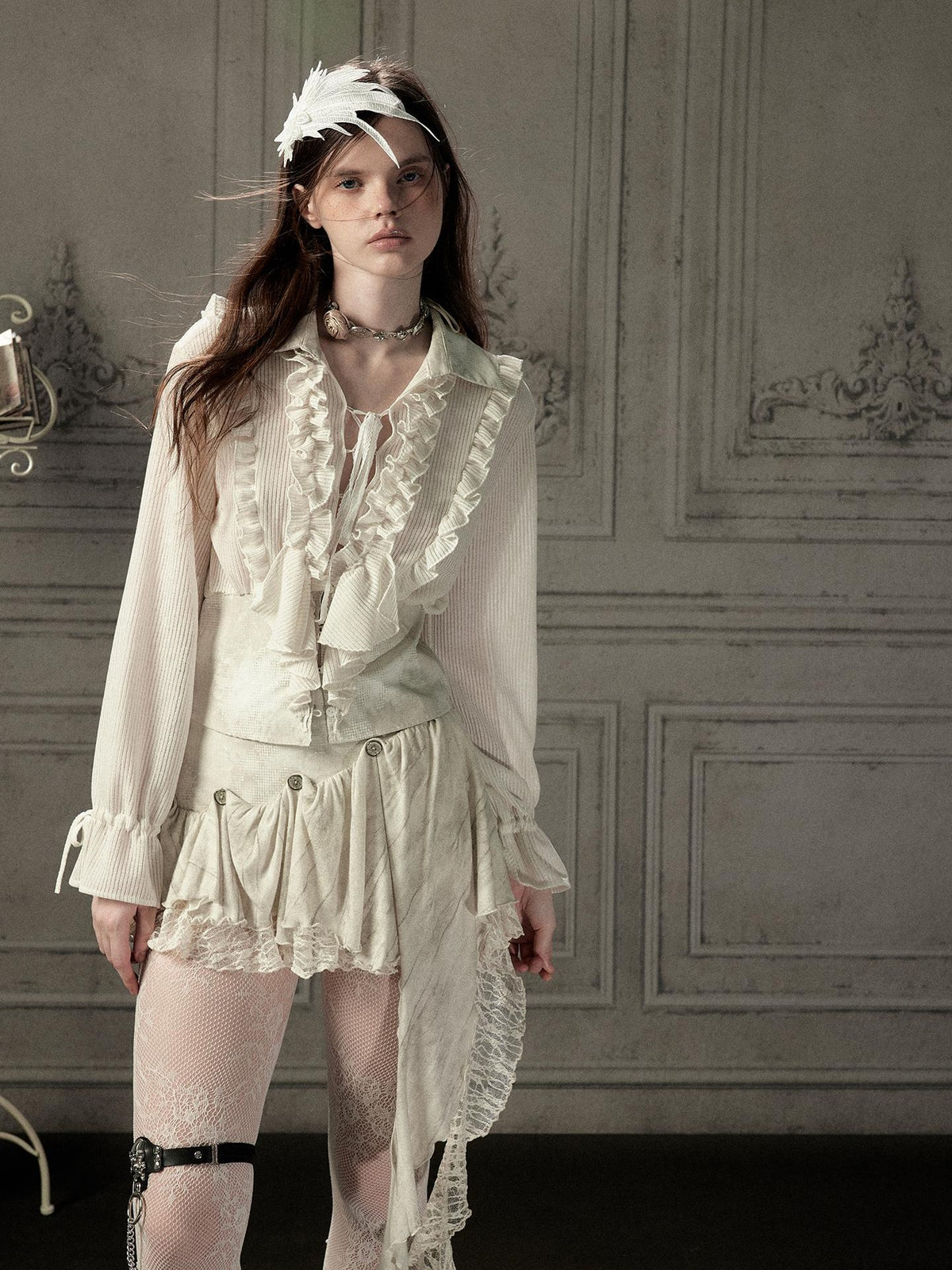 ALL iN plan Beige Ruffled Lapel Waist Cinched Women&