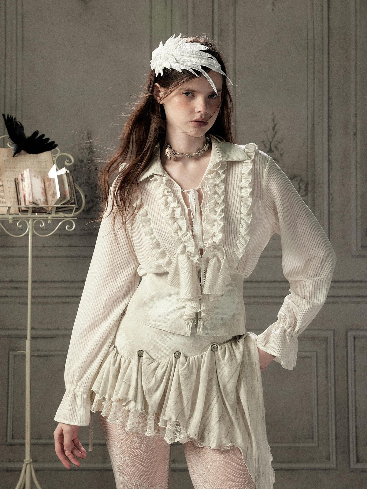 ALL iN plan Beige Ruffled Lapel Waist Cinched Women&