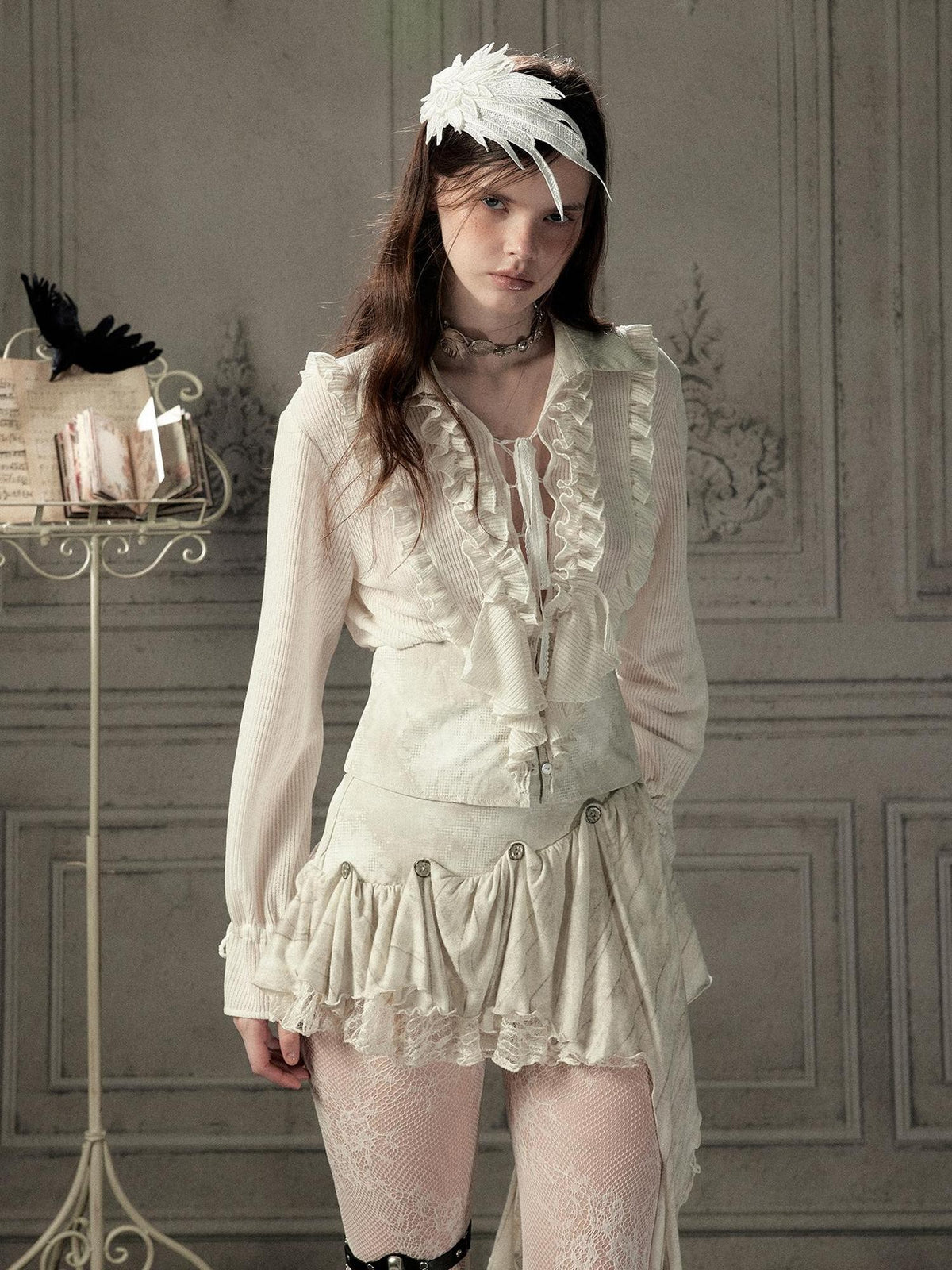 ALL iN plan Beige Ruffled Lapel Waist Cinched Women&