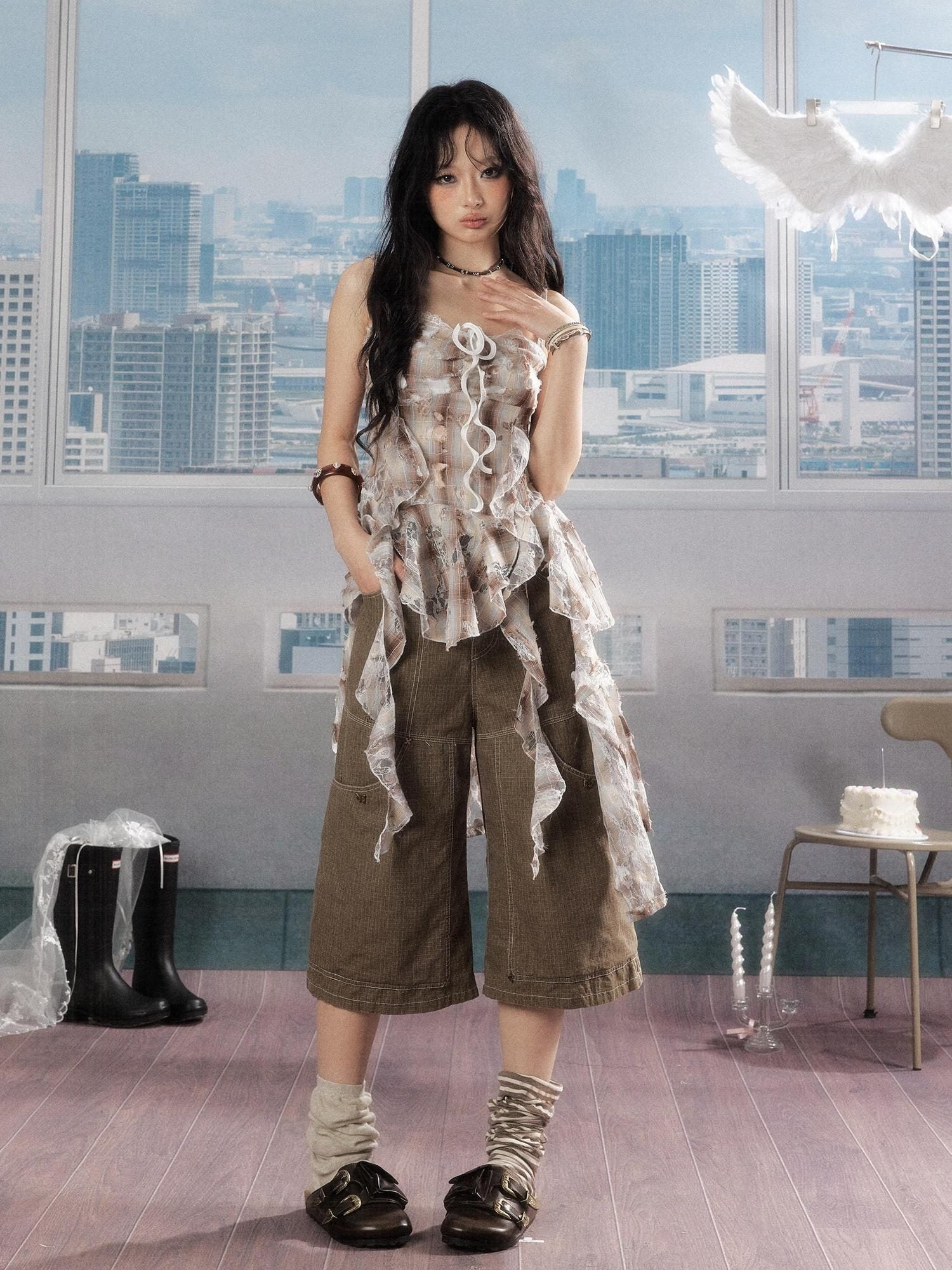ALL iN plan Breathable Cotton Casual Spaghetti Strap Loose Fit Women Khaki Camisoles