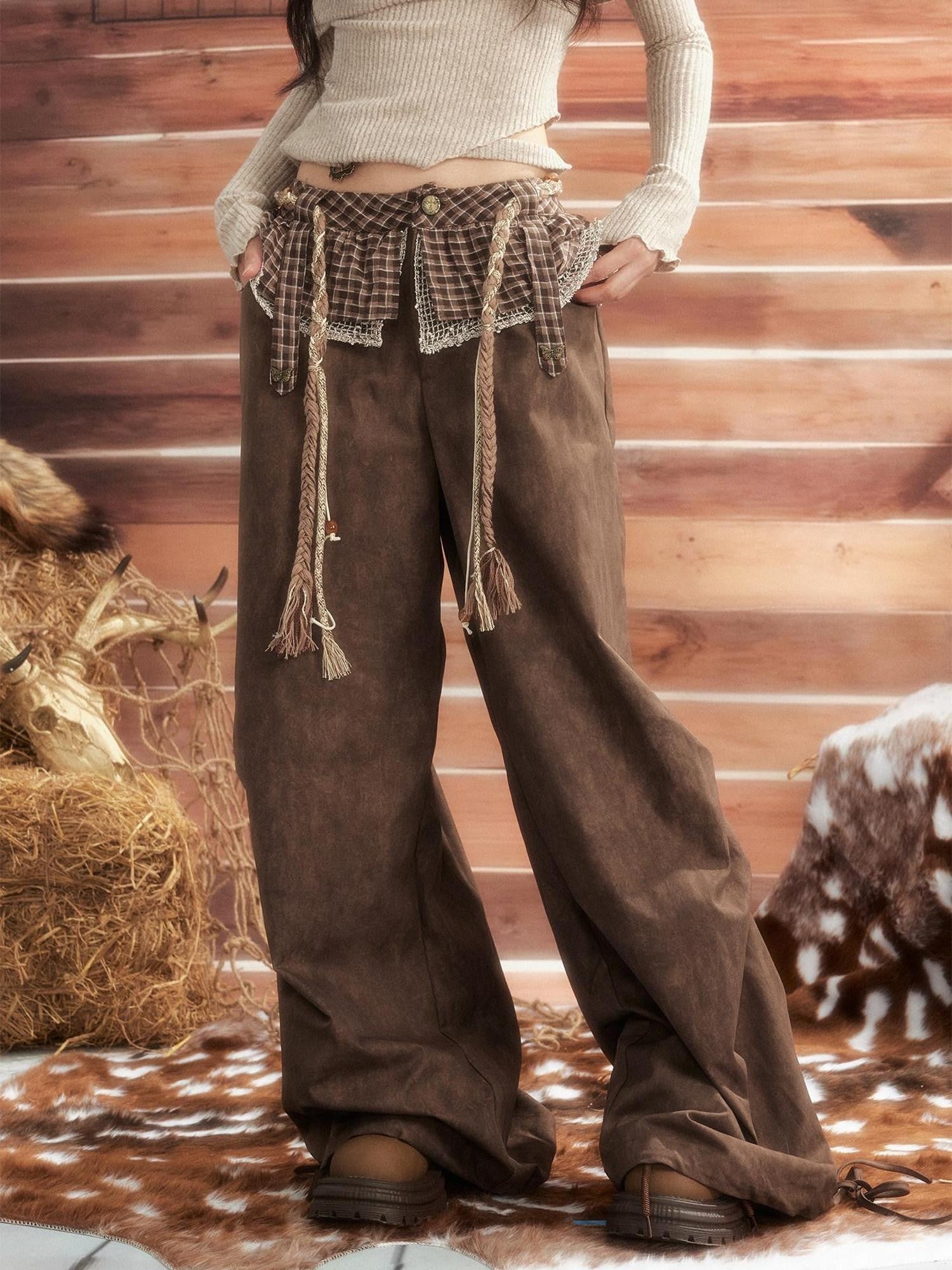 ALL iN plan Brown Tie Dye Waist Belt High Waist Vintage Loose Workwear Women&