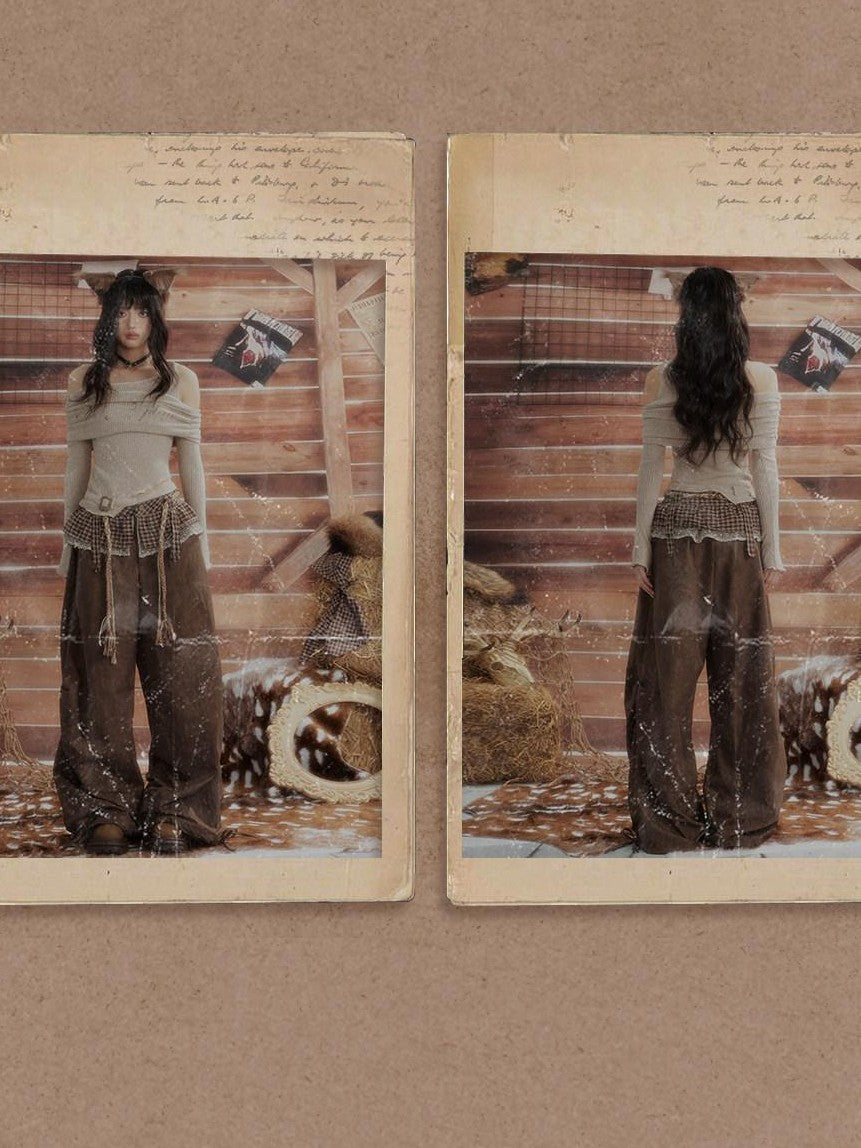 ALL iN plan Brown Tie Dye Waist Belt High Waist Vintage Loose Workwear Women&