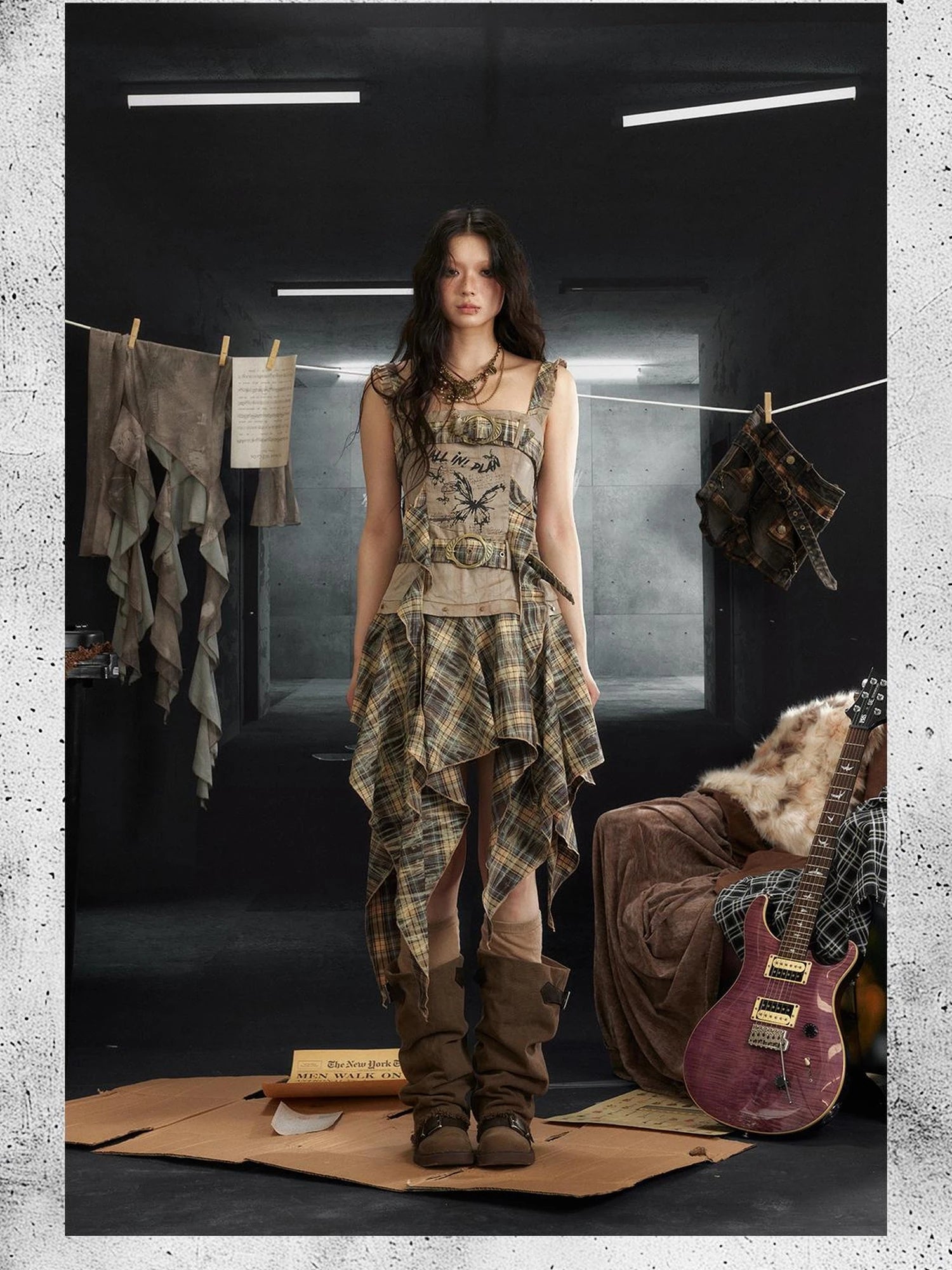 Butterfly Print Double Belt Plaid Dress