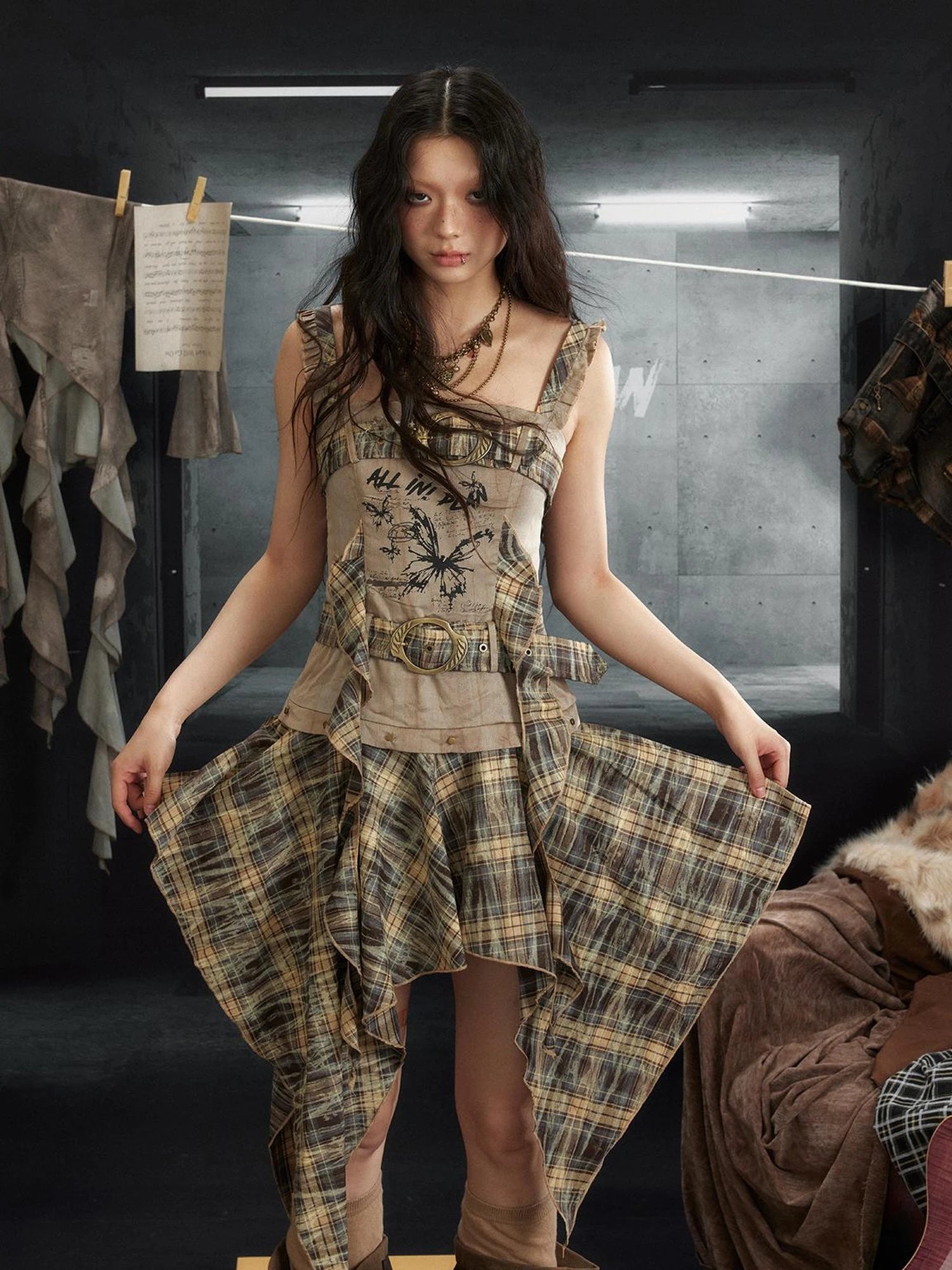Butterfly Print Double Belt Plaid Dress