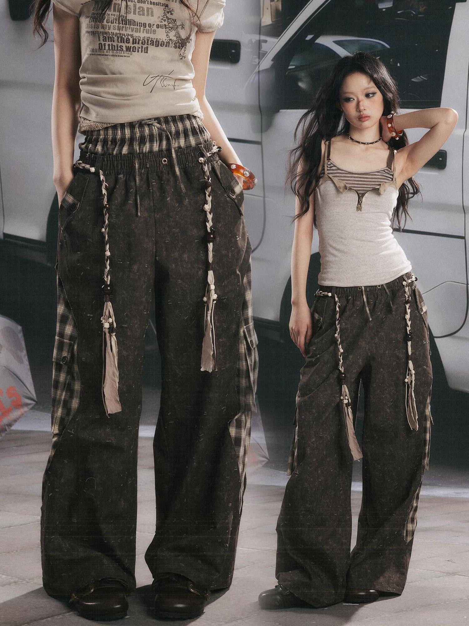 ALL iN plan Coffee Plaid Patchwork High Waist Loose Straight Women&