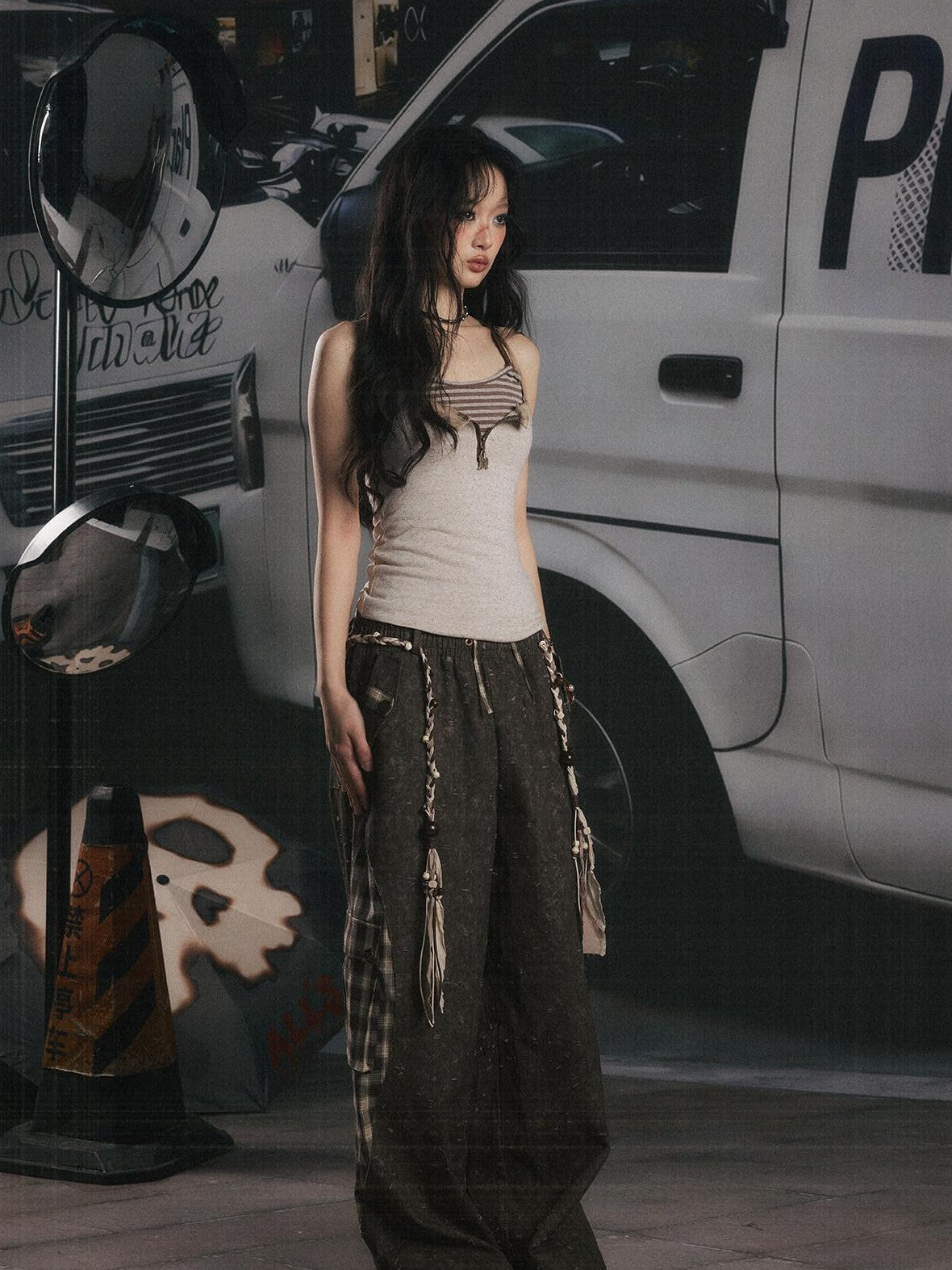 ALL iN plan Coffee Plaid Patchwork High Waist Loose Straight Women&