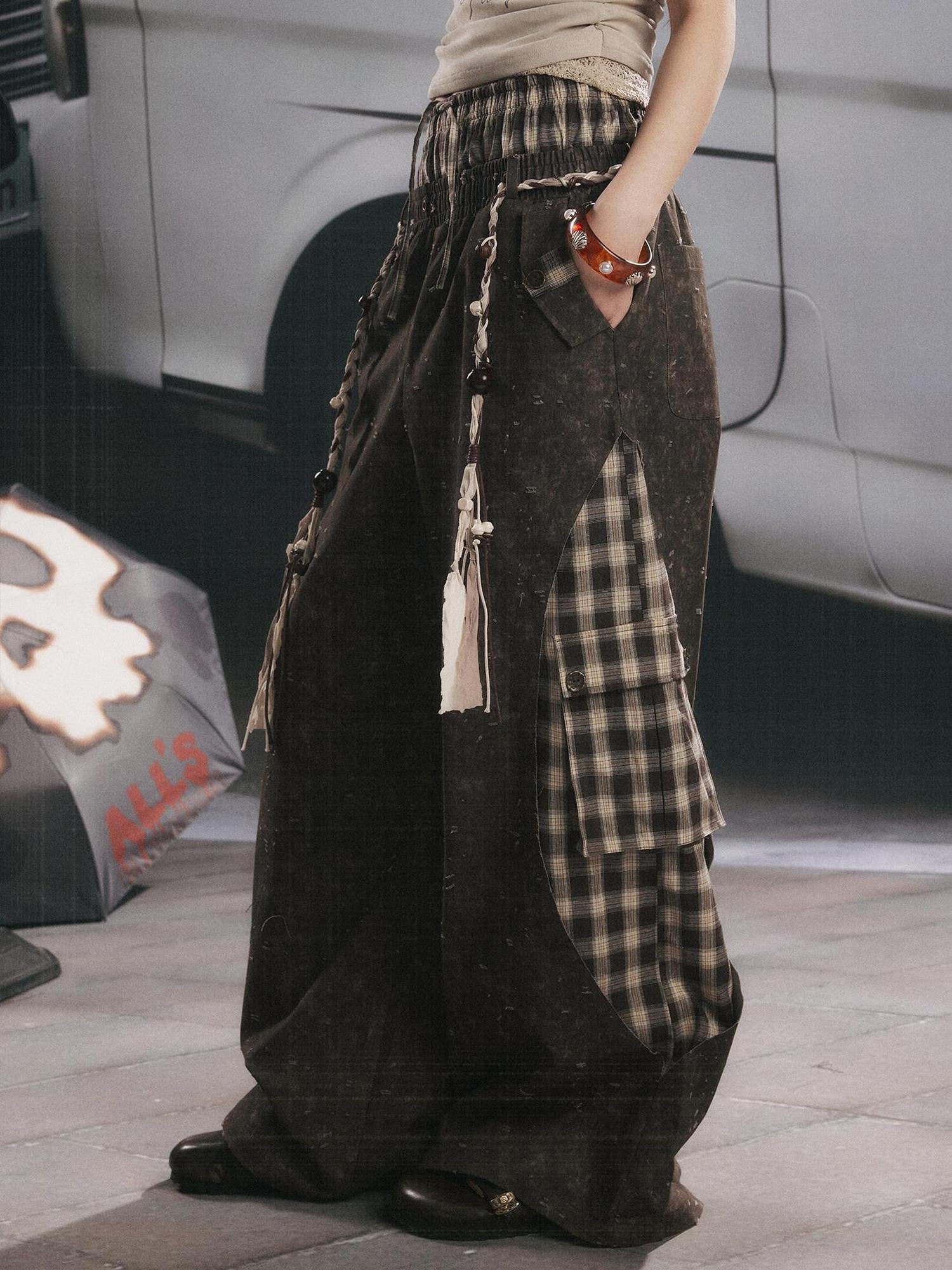 ALL iN plan Coffee Plaid Patchwork High Waist Loose Straight Women&