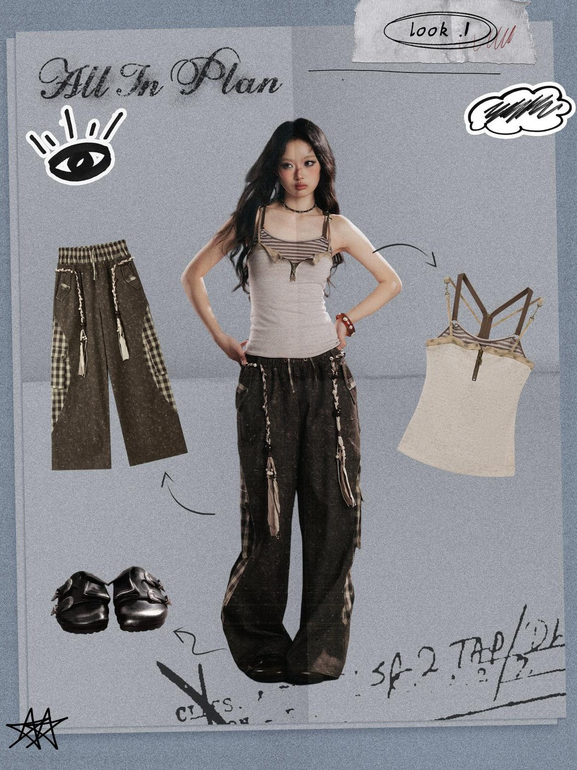 ALL iN plan Coffee Plaid Patchwork High Waist Loose Straight Women&