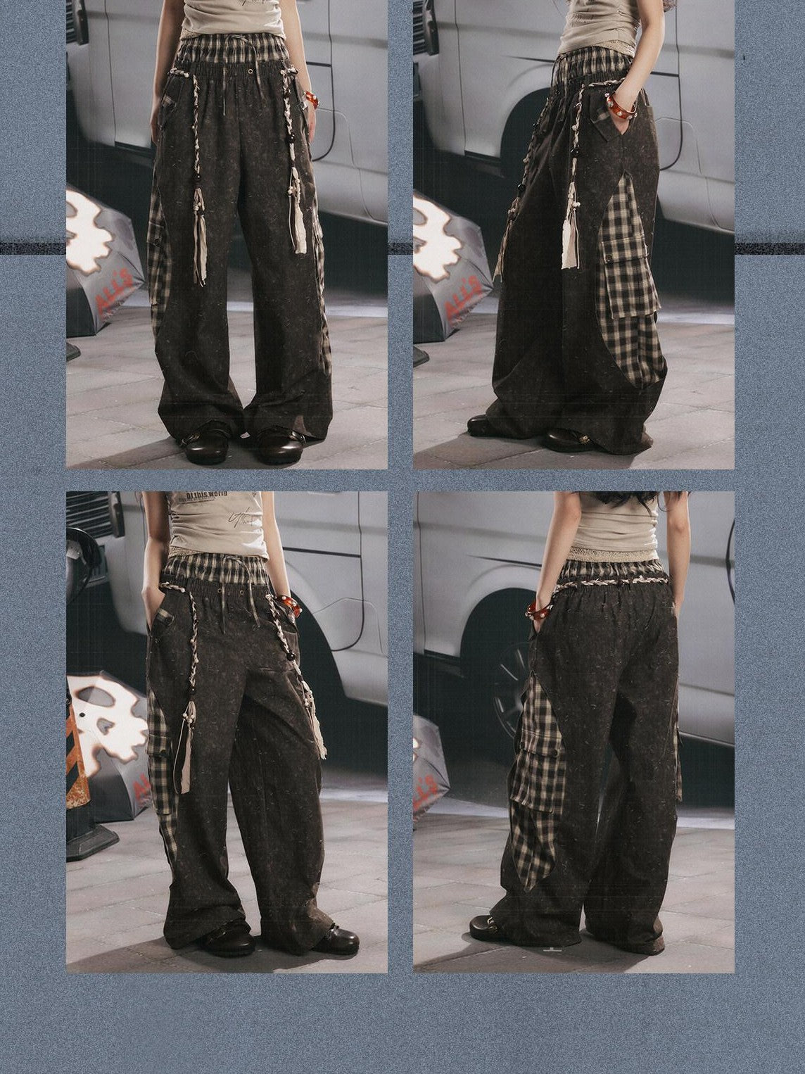 ALL iN plan Coffee Plaid Patchwork High Waist Loose Straight Women&