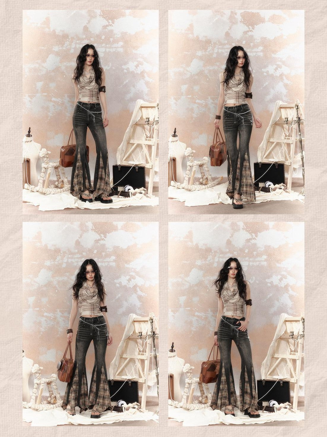ALL iN plan Cropped Tassel Plaid Retro Draped Neck Women&
