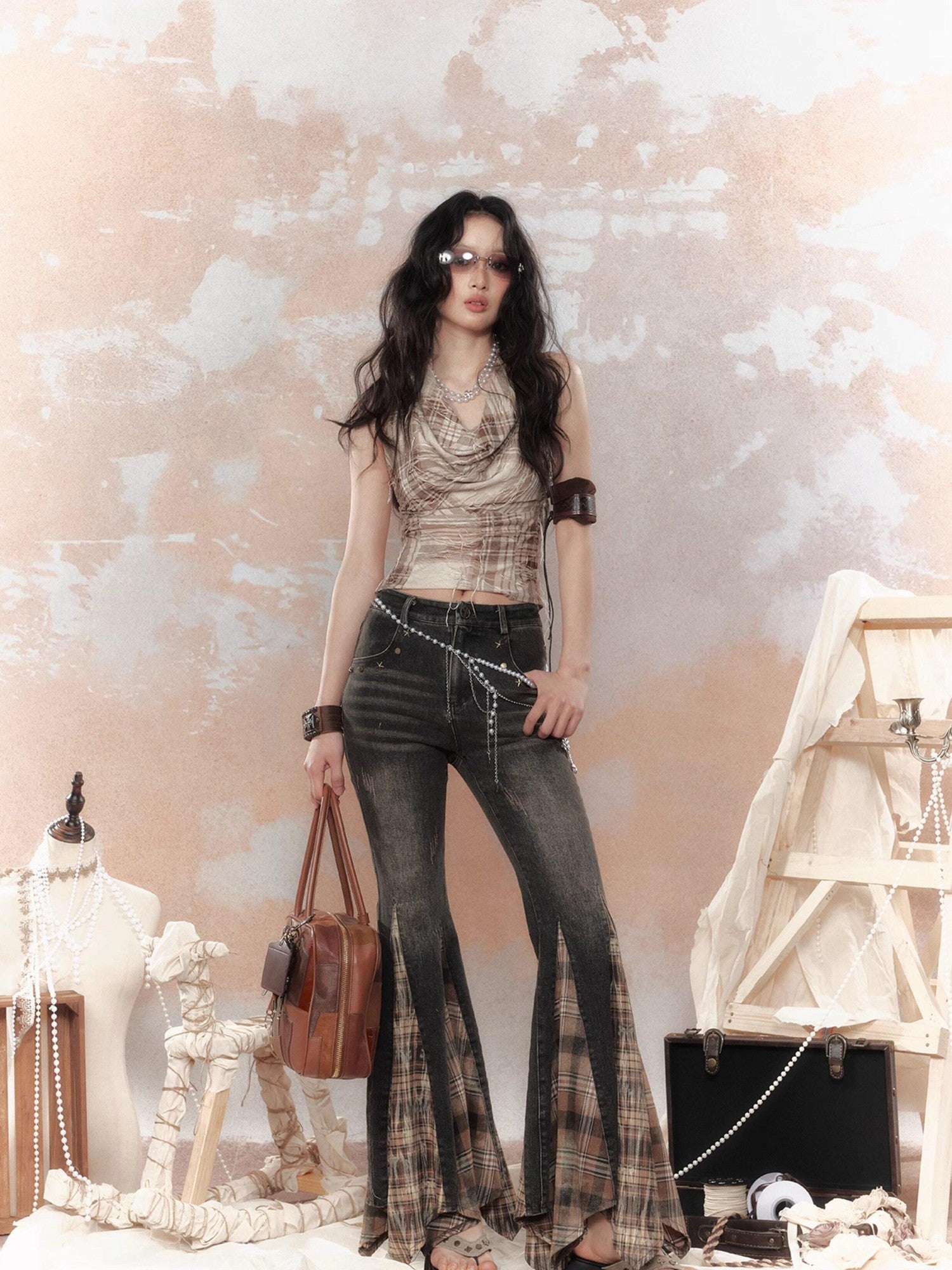 ALL iN plan Cropped Tassel Plaid Retro Draped Neck Women&