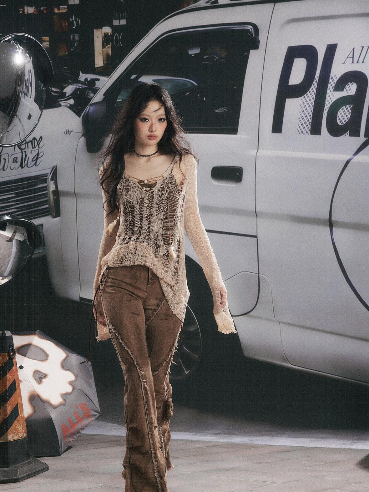 ALL iN plan Cutout Overlay Asymmetric Distressed Two Piece Women&