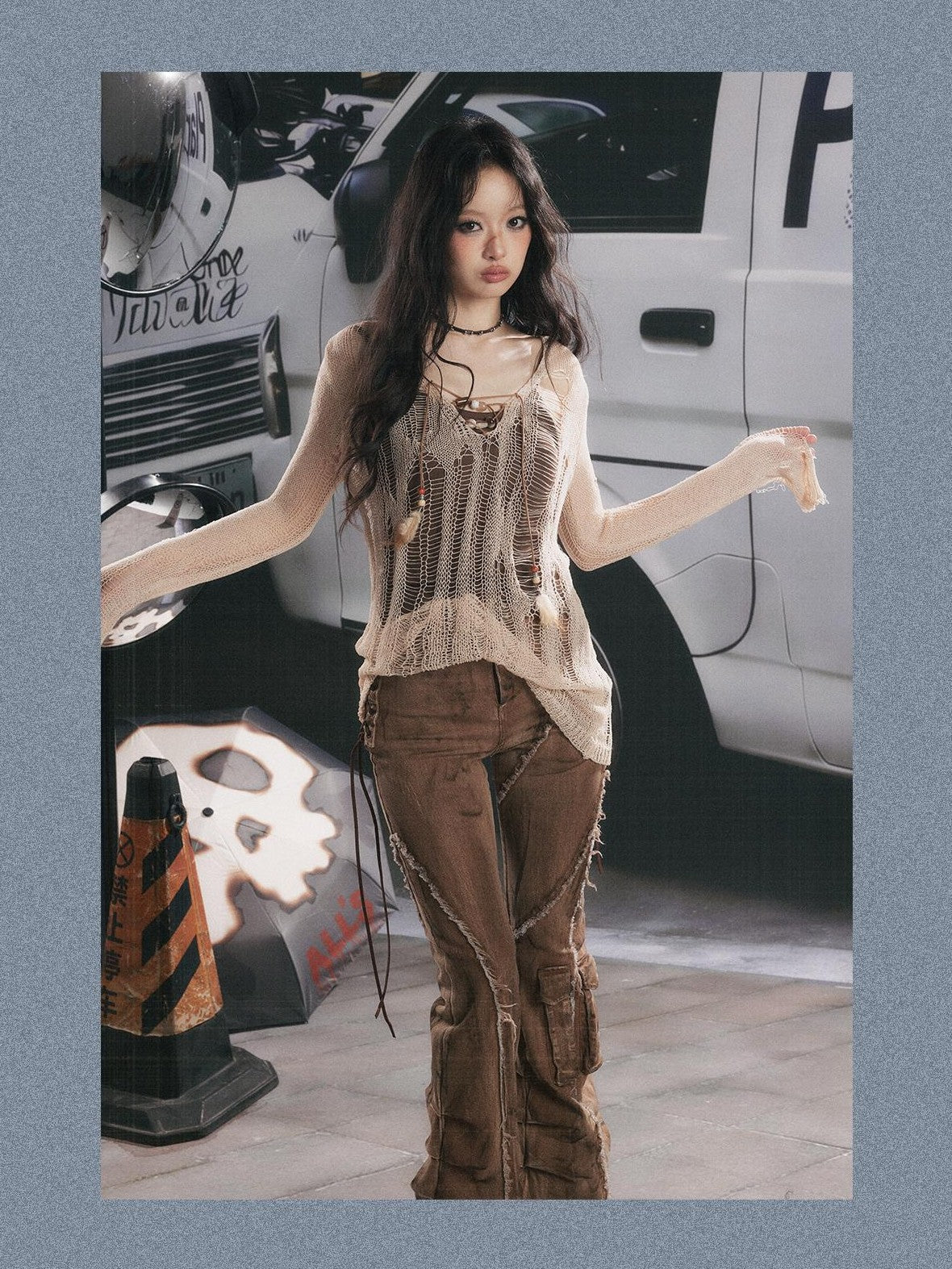 ALL iN plan Cutout Overlay Asymmetric Distressed Two Piece Women&