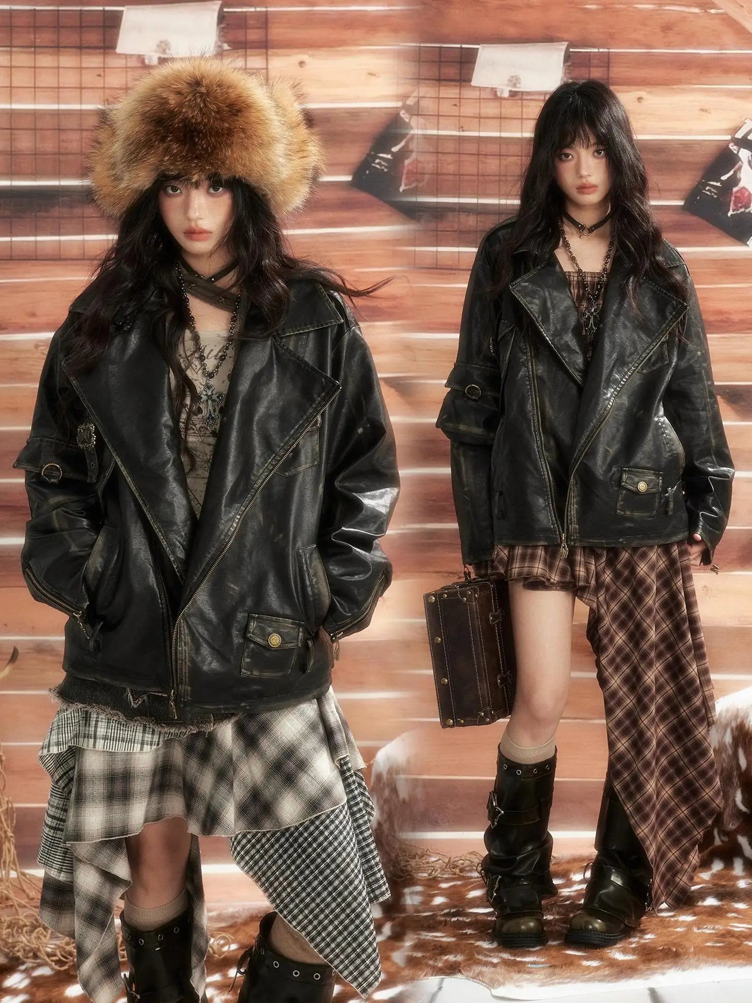 ALL iN plan Dark Punk Vintage Distressed Multi Pocket Leather Moto Jacket Jacket