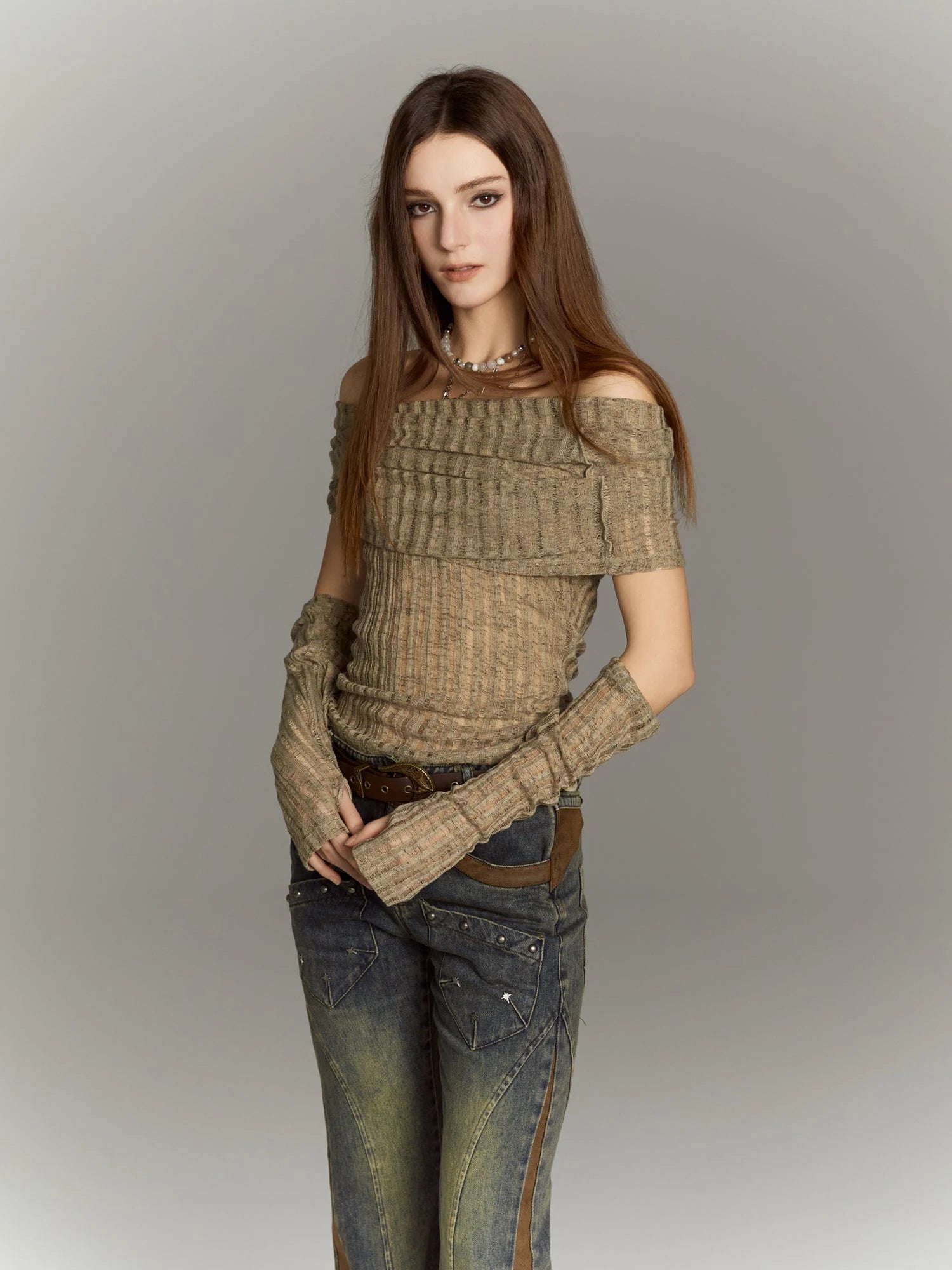 Distressed Knit Crop Top With Removable Sleeves