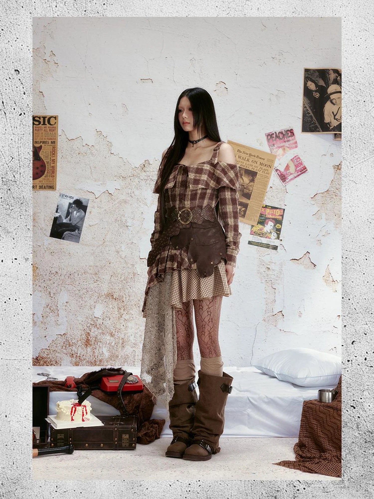 Distressed Leather Panel Lace Up Bustier Denim Dress