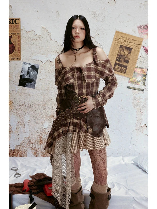 Distressed Leather Panel Lace Up Bustier Denim Dress