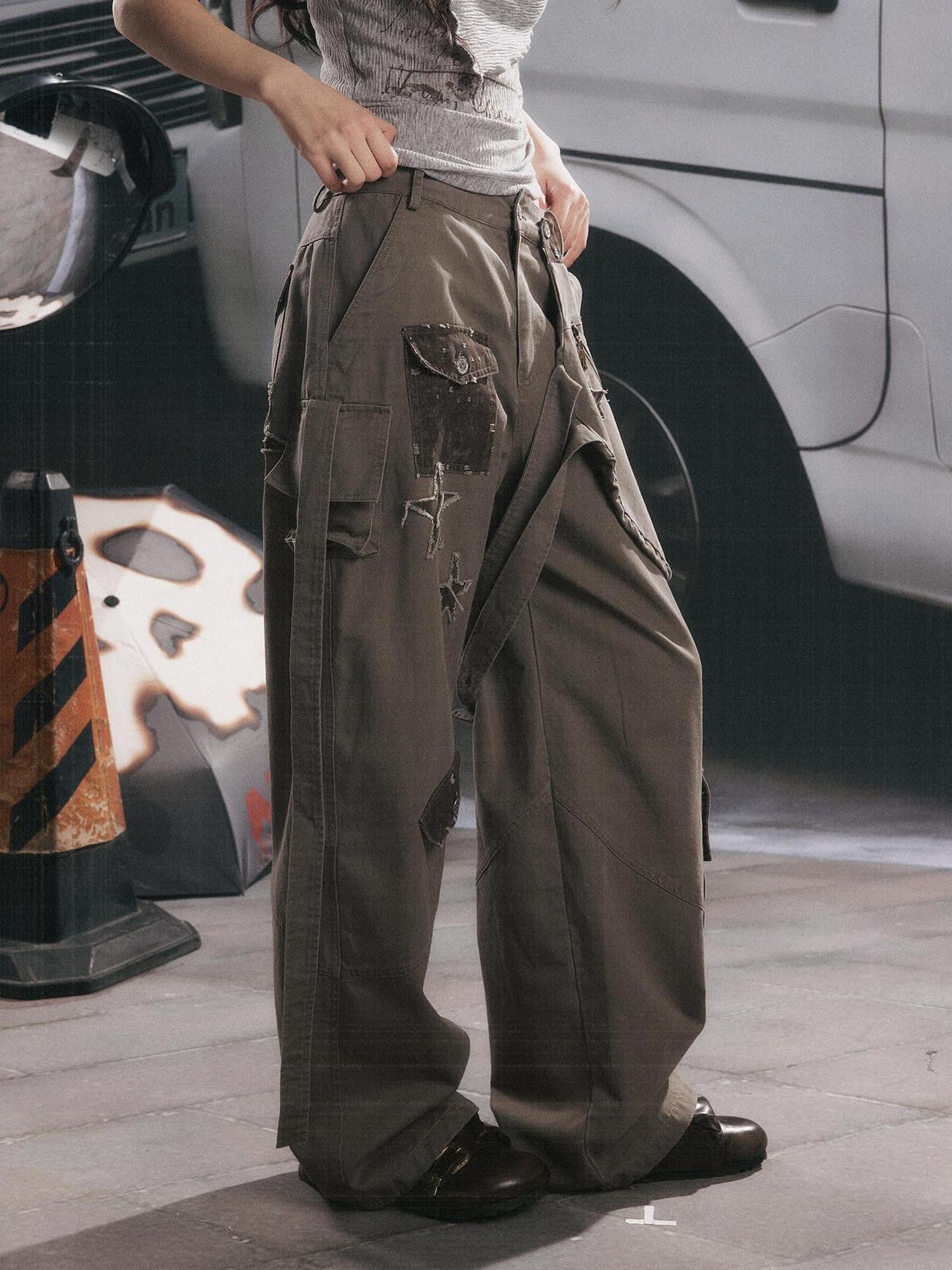 ALL iN plan Distressed Star Cargo High Waist Pocket Women&