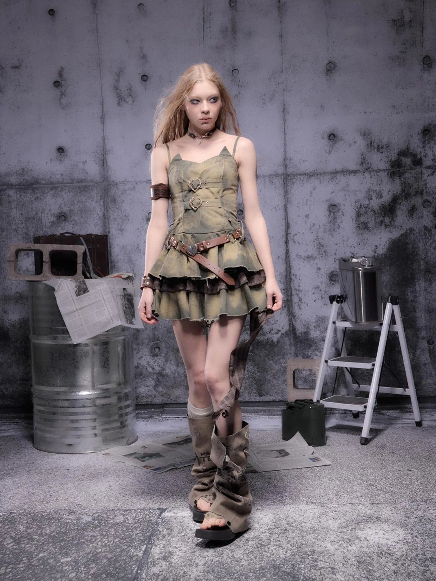 Gear-Bite Lace Trim Denim Mini Dress