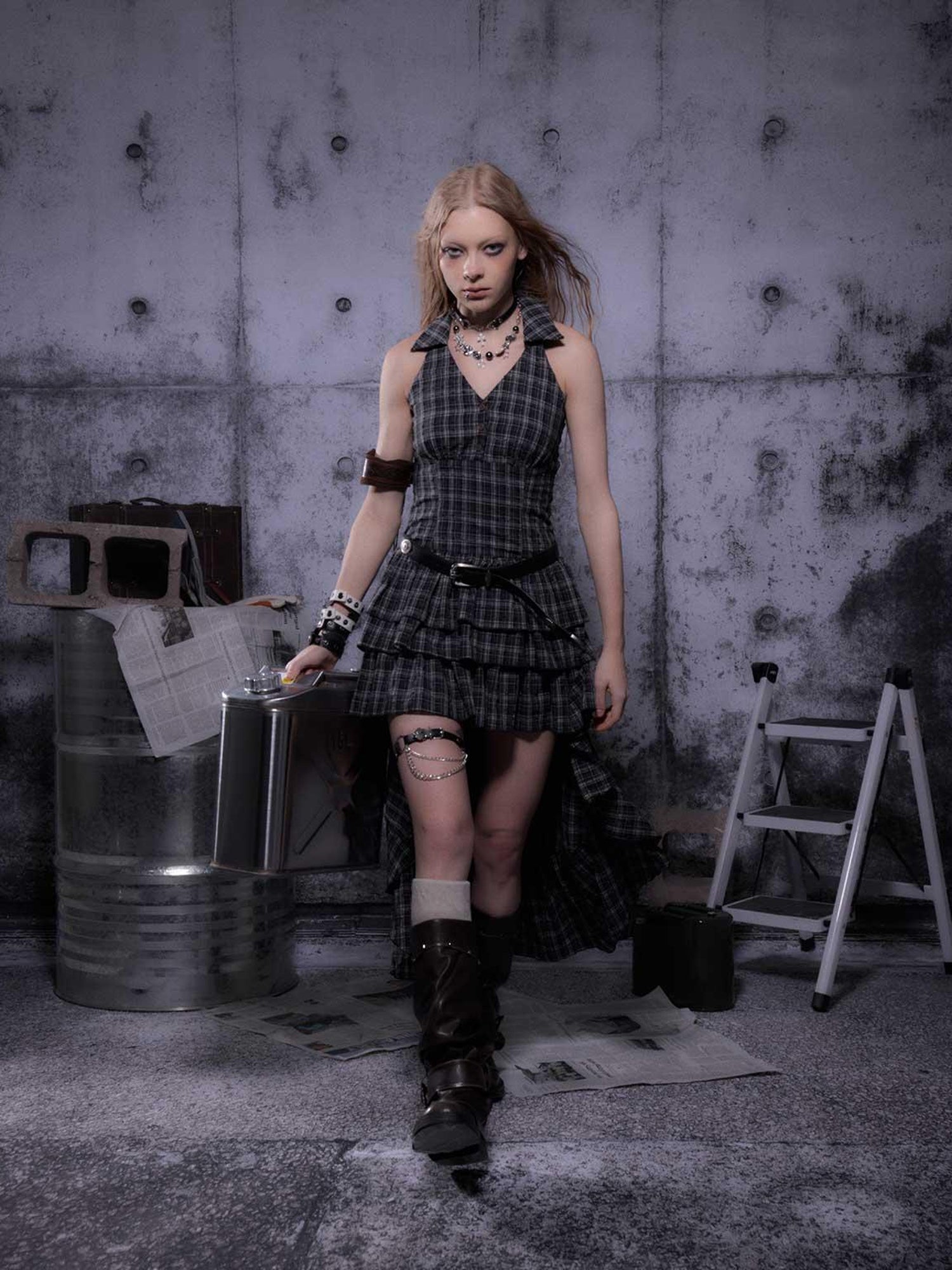 ALL iN plan Gear Marked Asymmetrical Punk Neckholder Dress