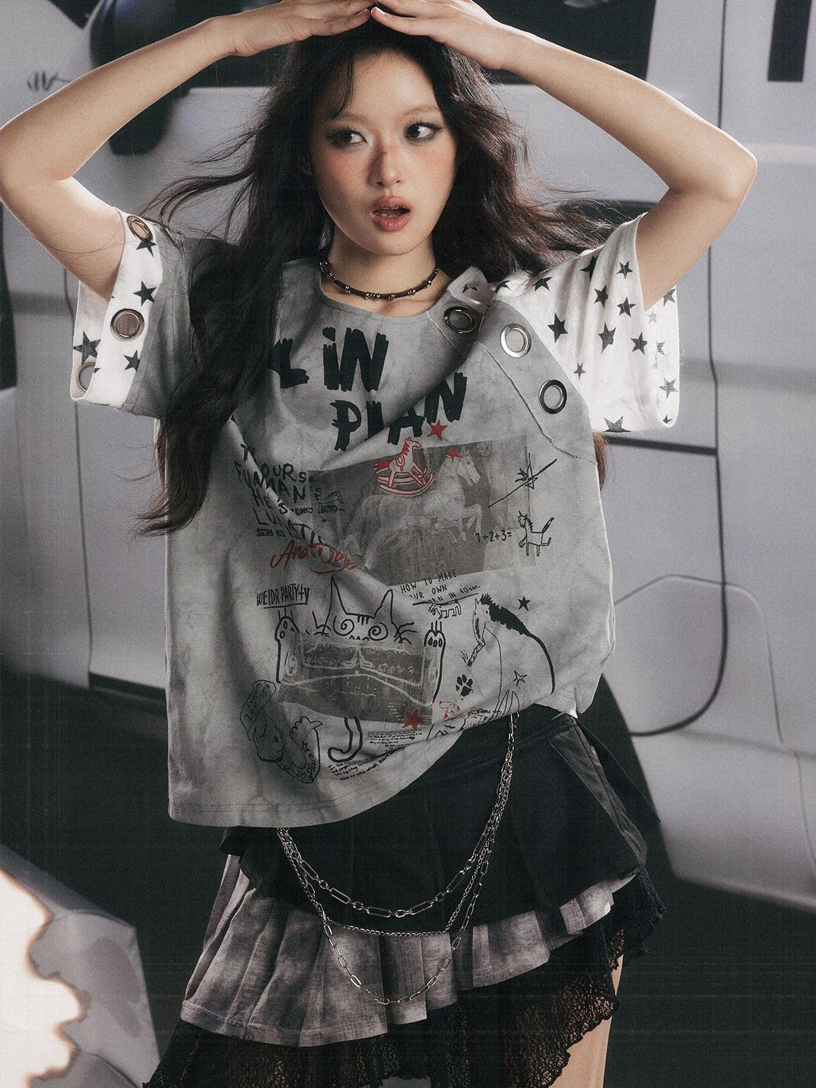 ALL iN plan Graffiti Print Vintage Washed Women&