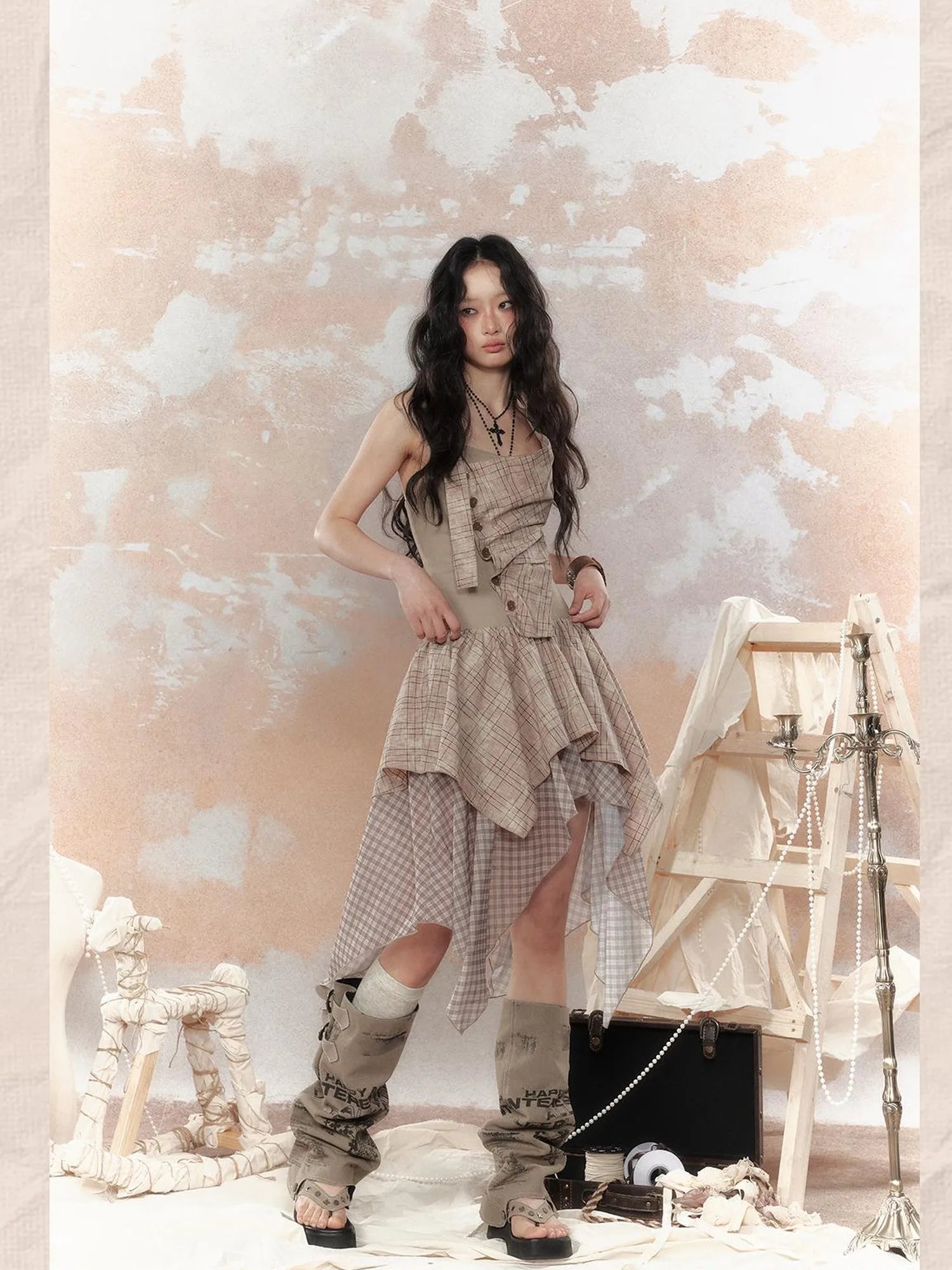 Industrial Goth Asymmetric Neckline Maxi Dress