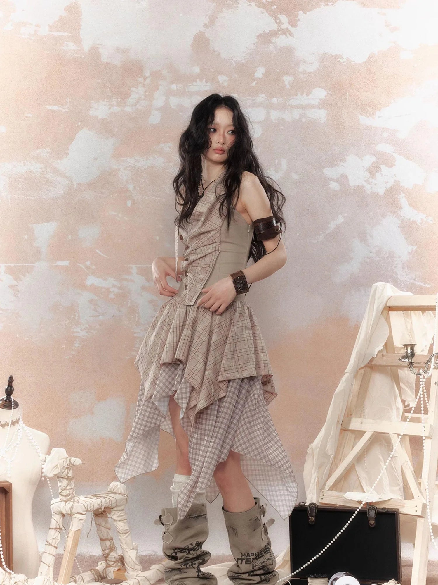 Industrial Goth Asymmetric Neckline Maxi Dress