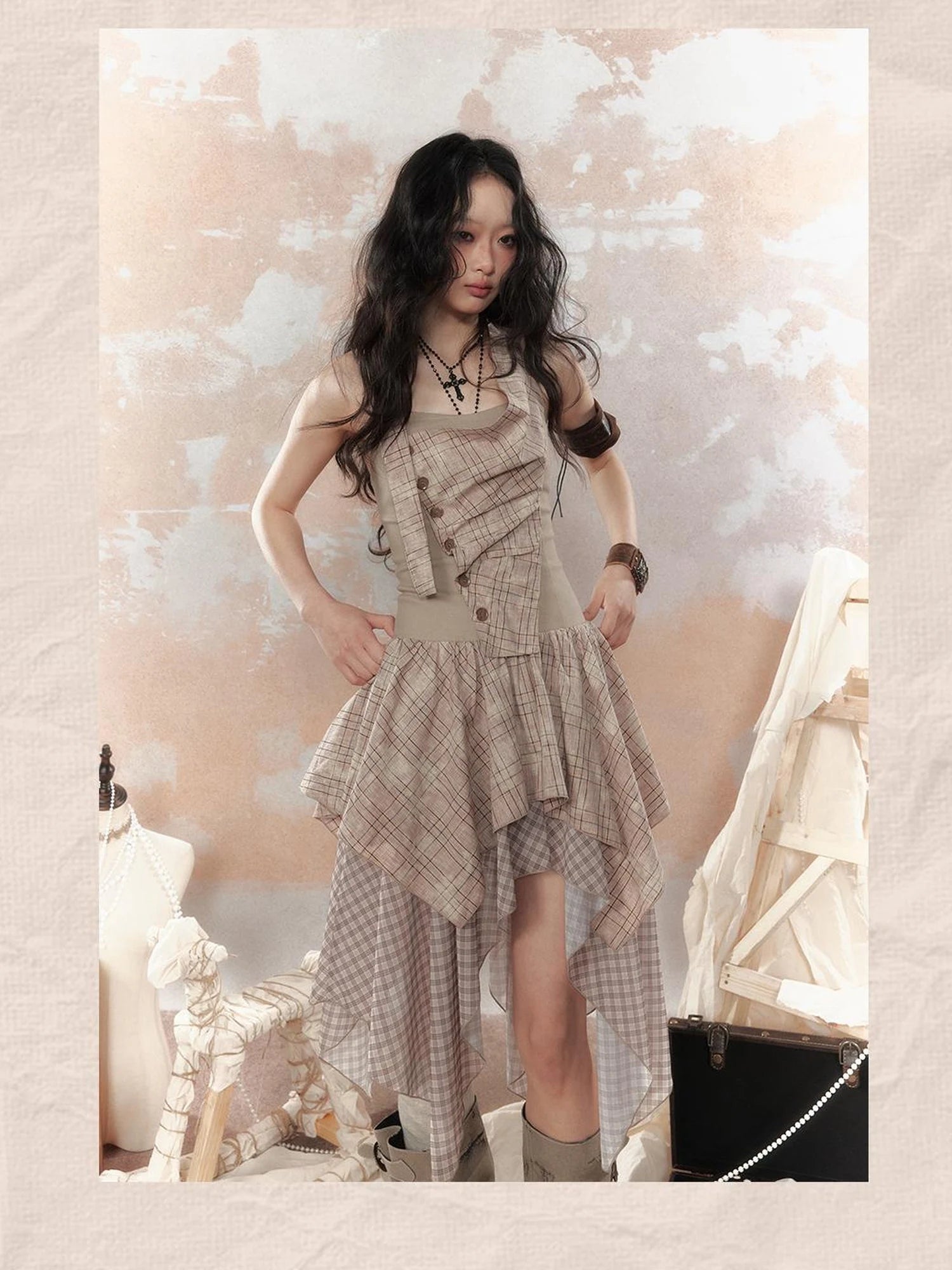 Industrial Goth Asymmetric Neckline Maxi Dress