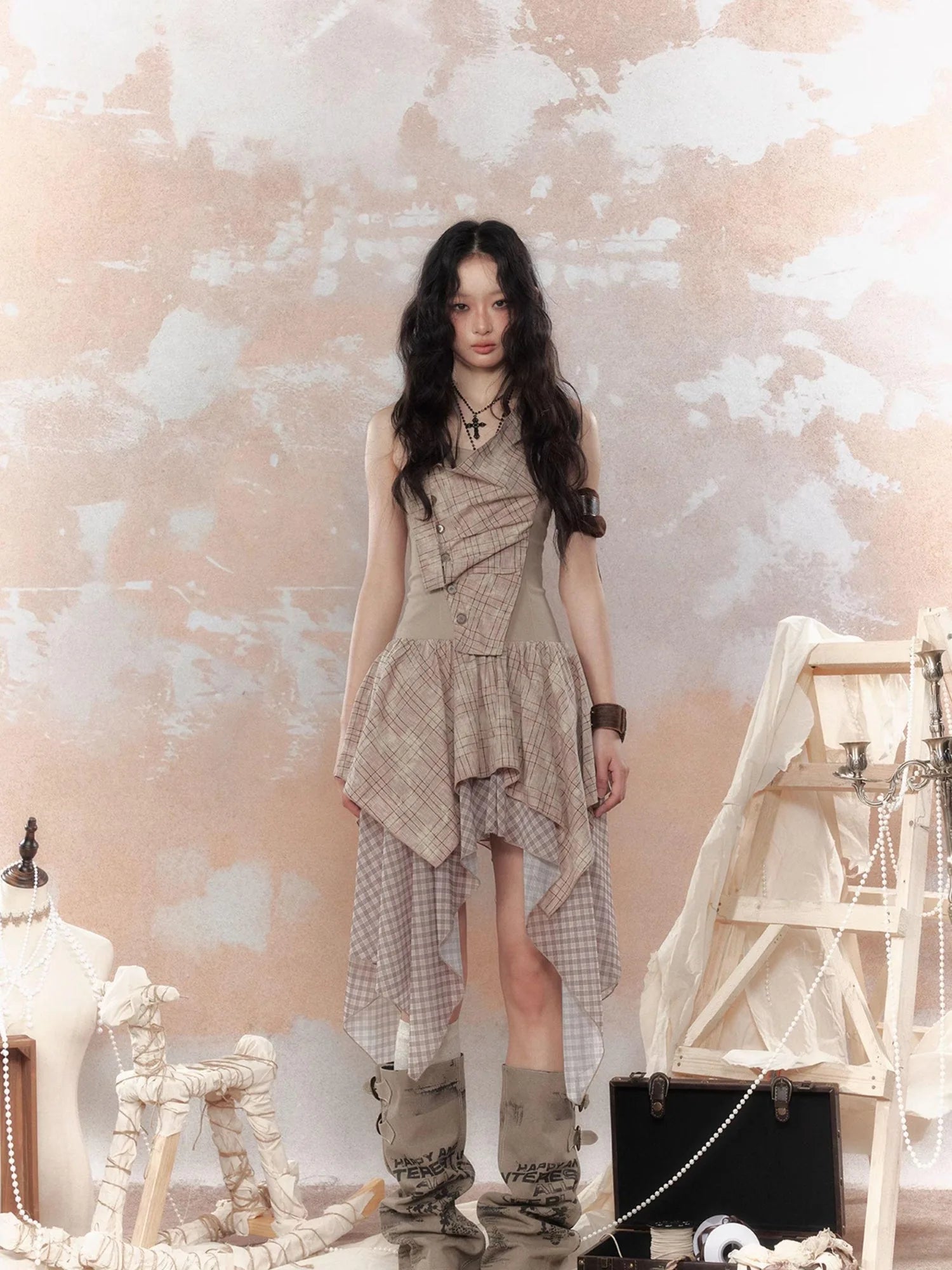 Industrial Goth Asymmetric Neckline Maxi Dress