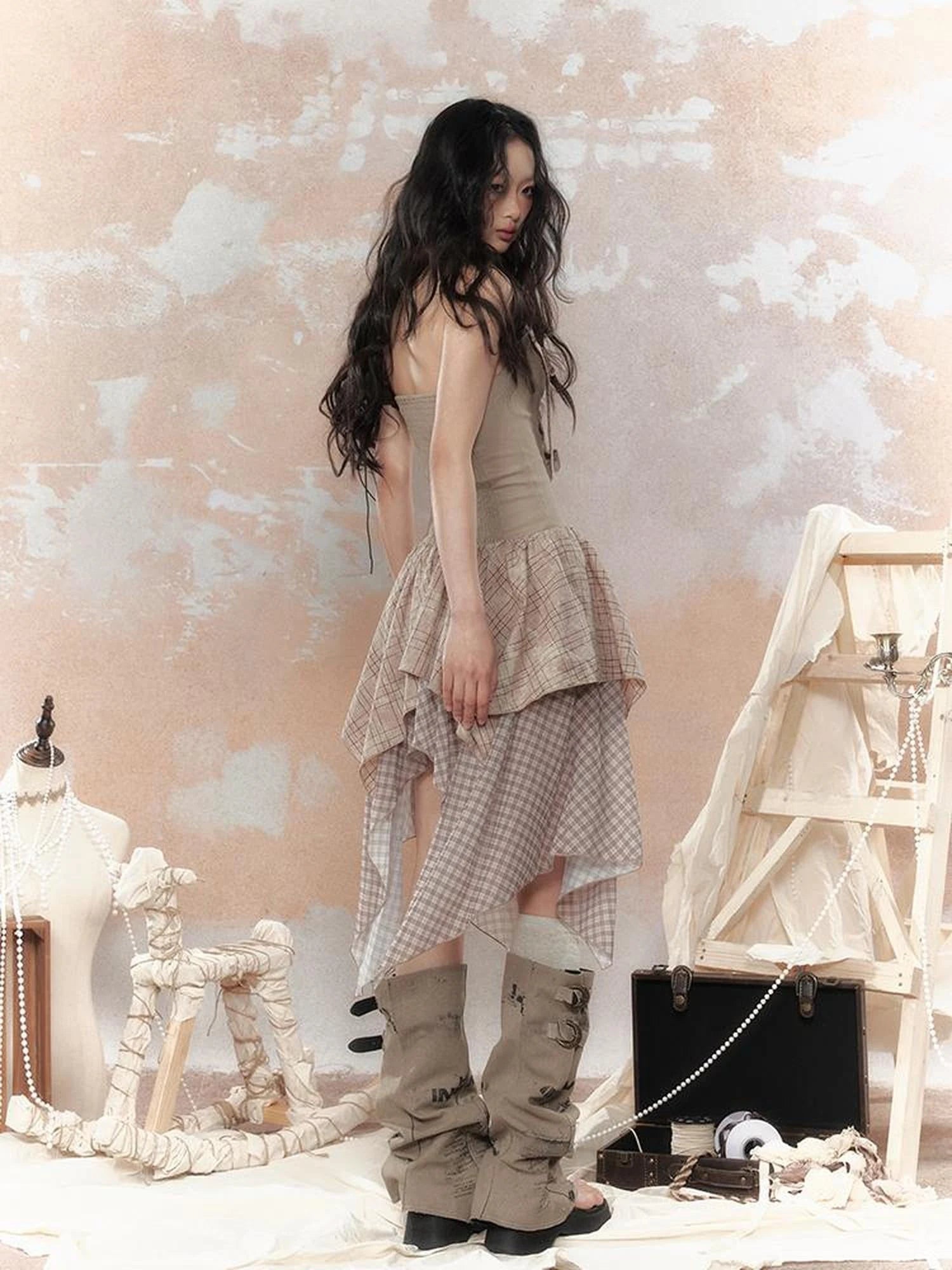 Industrial Goth Asymmetric Neckline Maxi Dress