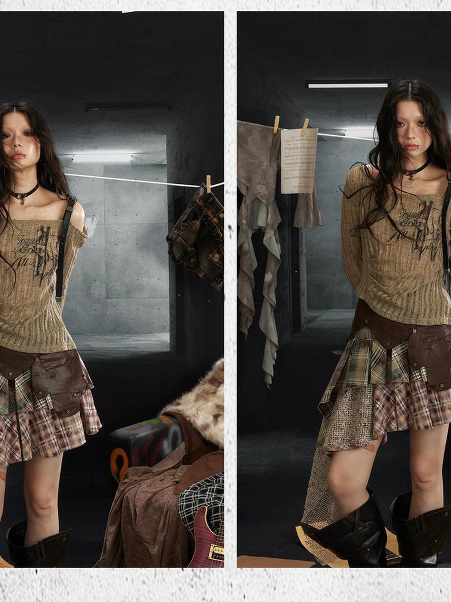 Industrial Punk Micro Print Off Shoulder Top