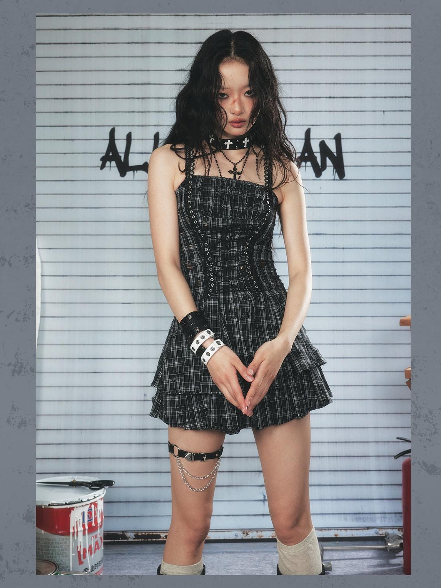ALL iN plan Industrial Punk Welded Mini Dress With Lacing