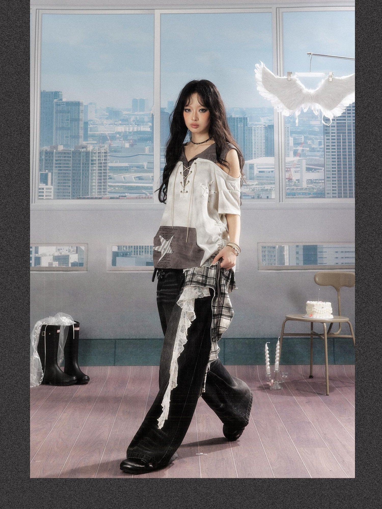 ALL iN plan Ivory Hooded Faux Layered Drawcord Star Women&