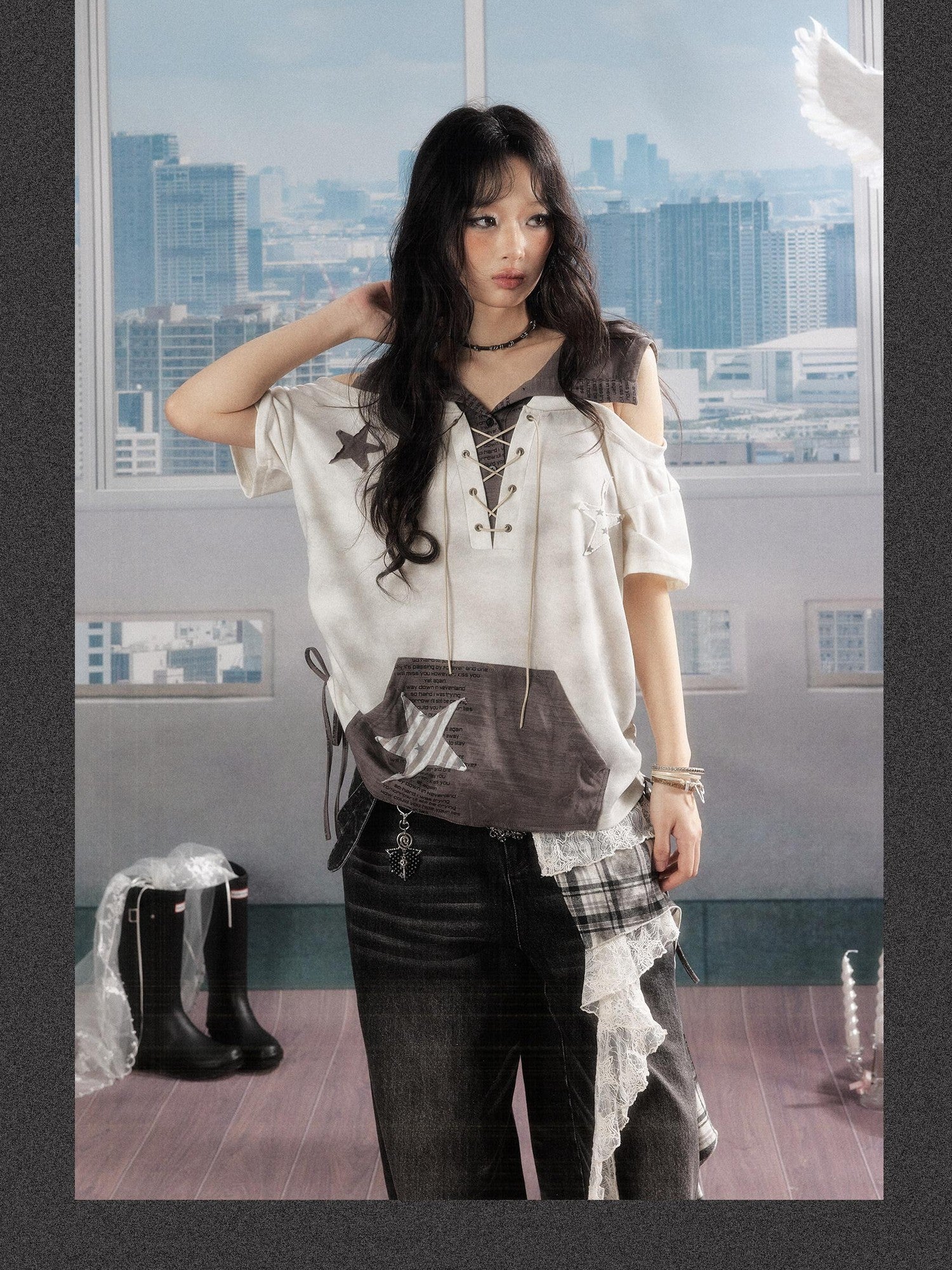 ALL iN plan Ivory Hooded Faux Layered Drawcord Star Women&