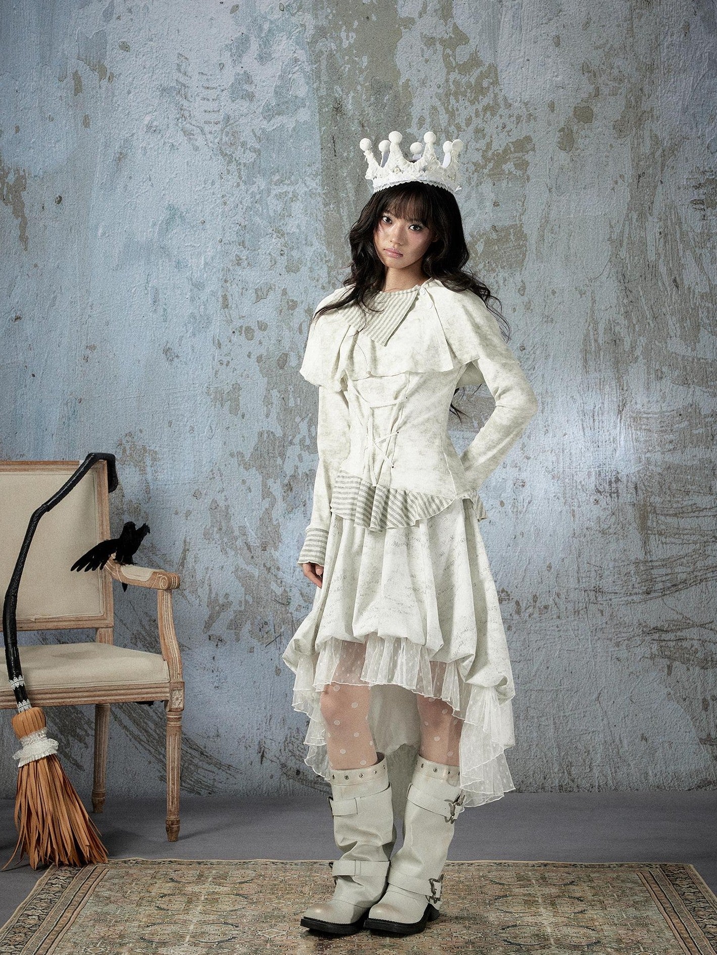 ALL iN plan Ivory Lace Irregular Tiered Smocked Waist Women&