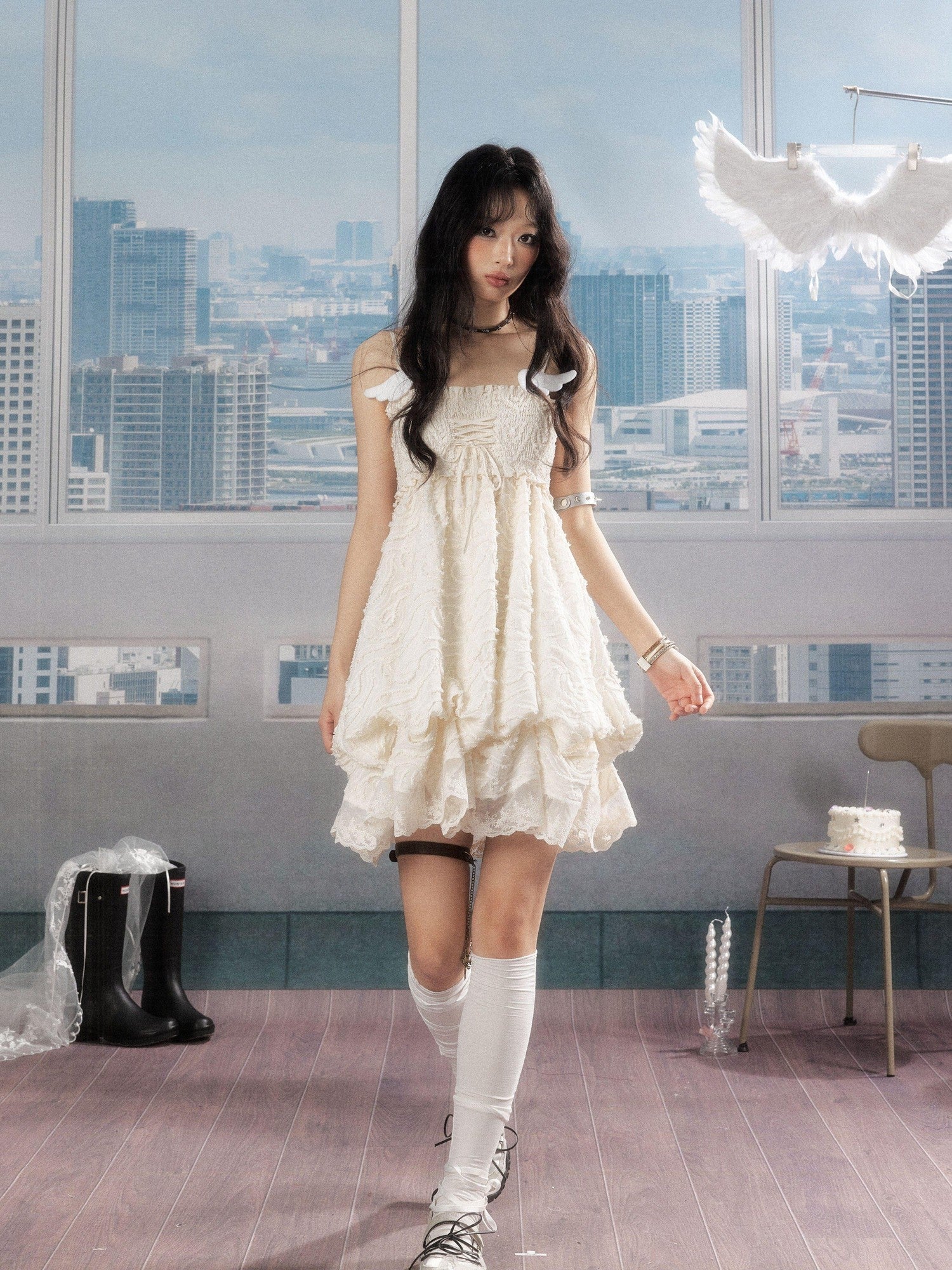 ALL iN plan Ivory Lace Panel Shirred Ruching Women&