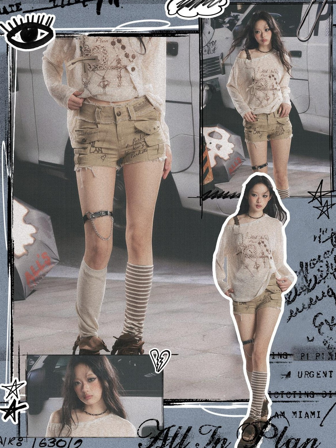 ALL iN plan Khaki Distressed Double Layer Waist Utility Women&