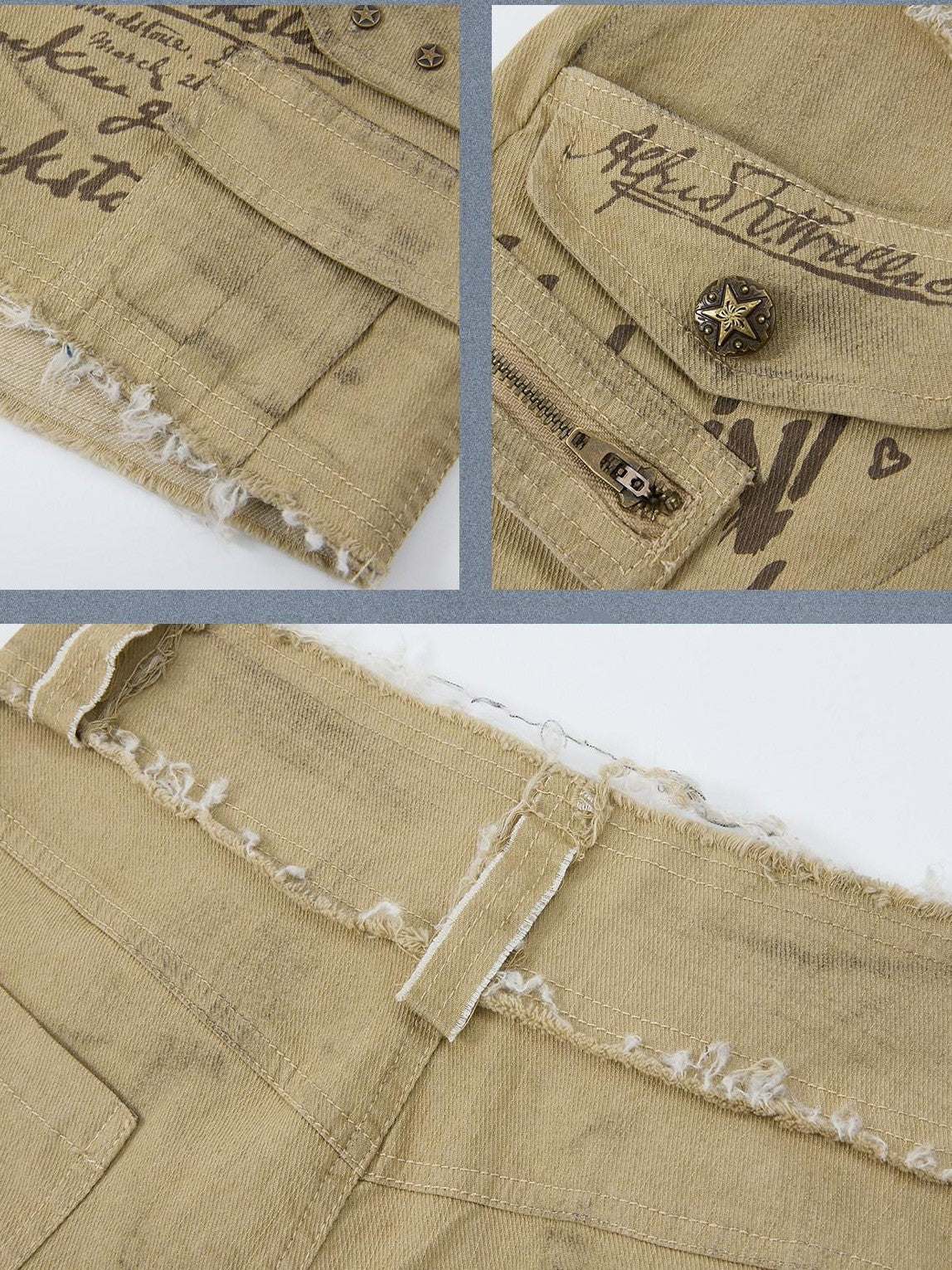 ALL iN plan Khaki Distressed Double Layer Waist Utility Women&