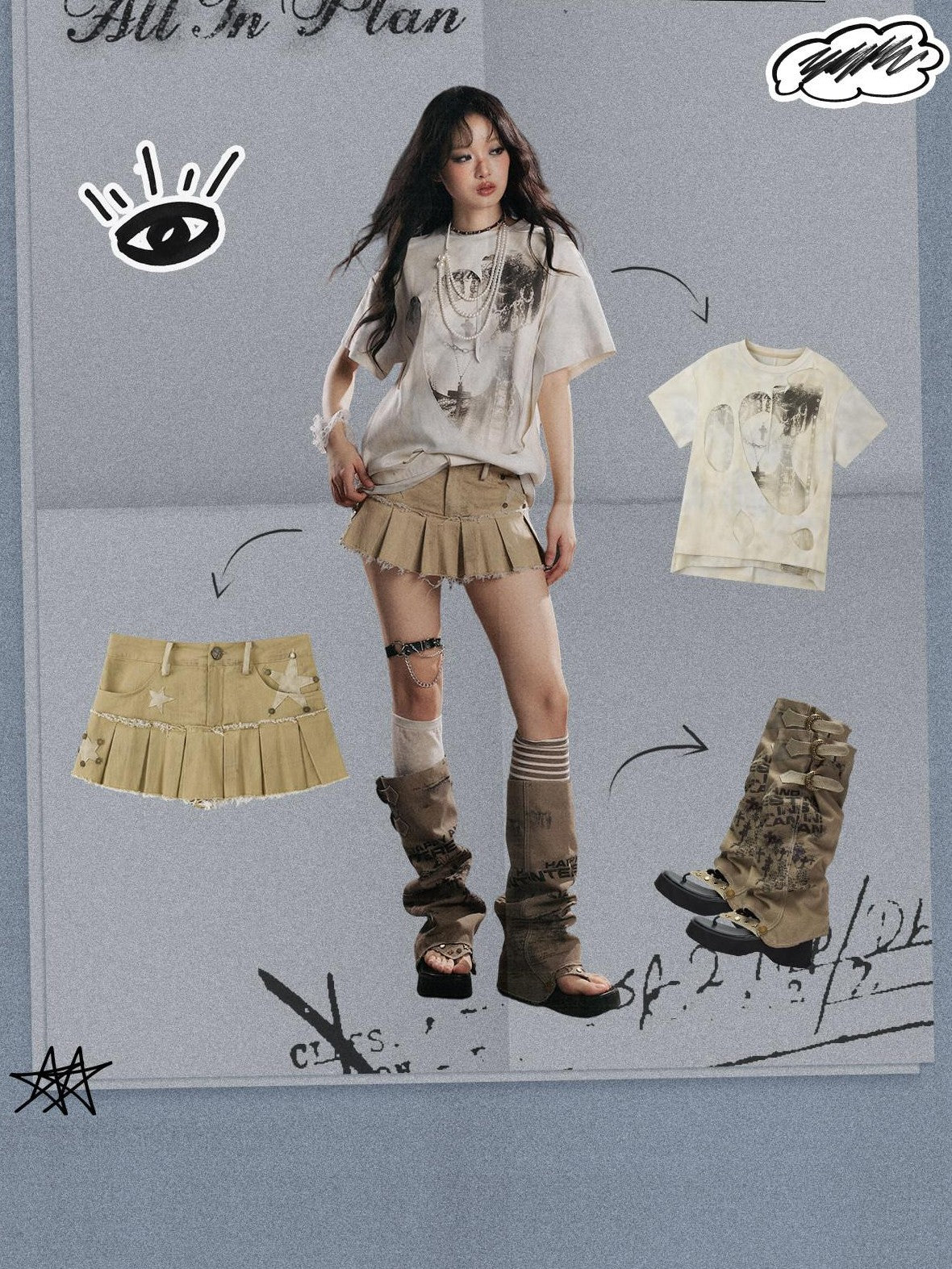 ALL iN plan Khaki Pleated Star Tiered Low Waist Women&