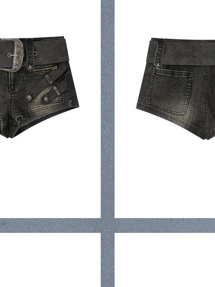 ALL iN plan Khaki Ultra Short Low Waist Buckle Pocket Women&